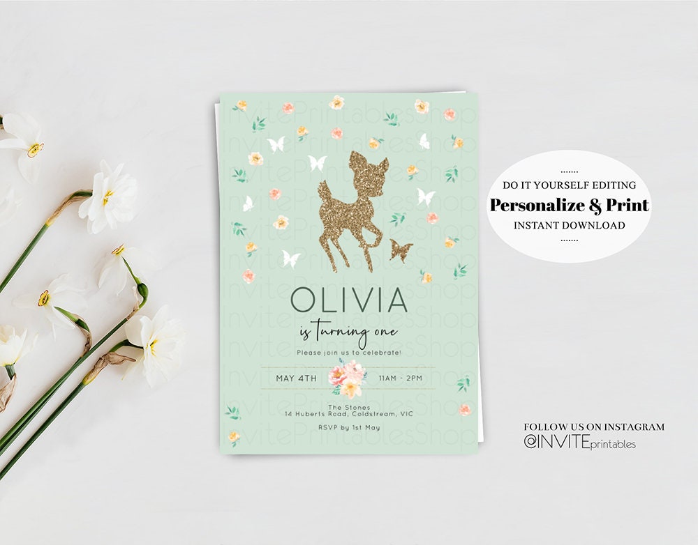 Deer Birthday Invite Deer Birthday Invite Deer Invite Green Fawn Party Invite Pastel Floral Invite Glitter Invite Garden Party Invite
