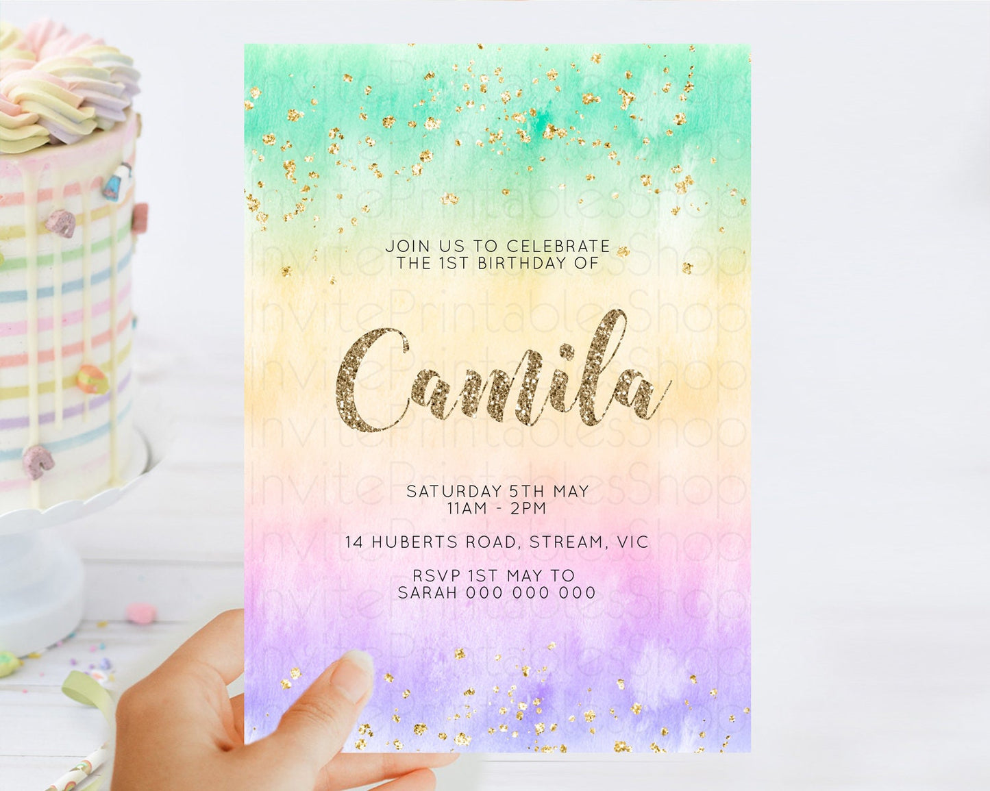 Rainbow Birthday Invitation Colorful Pastel Watercolor Invitation Gold Glitter Sprinkles Ombre Pastel 1st 2nd 3rd Birthday D10478