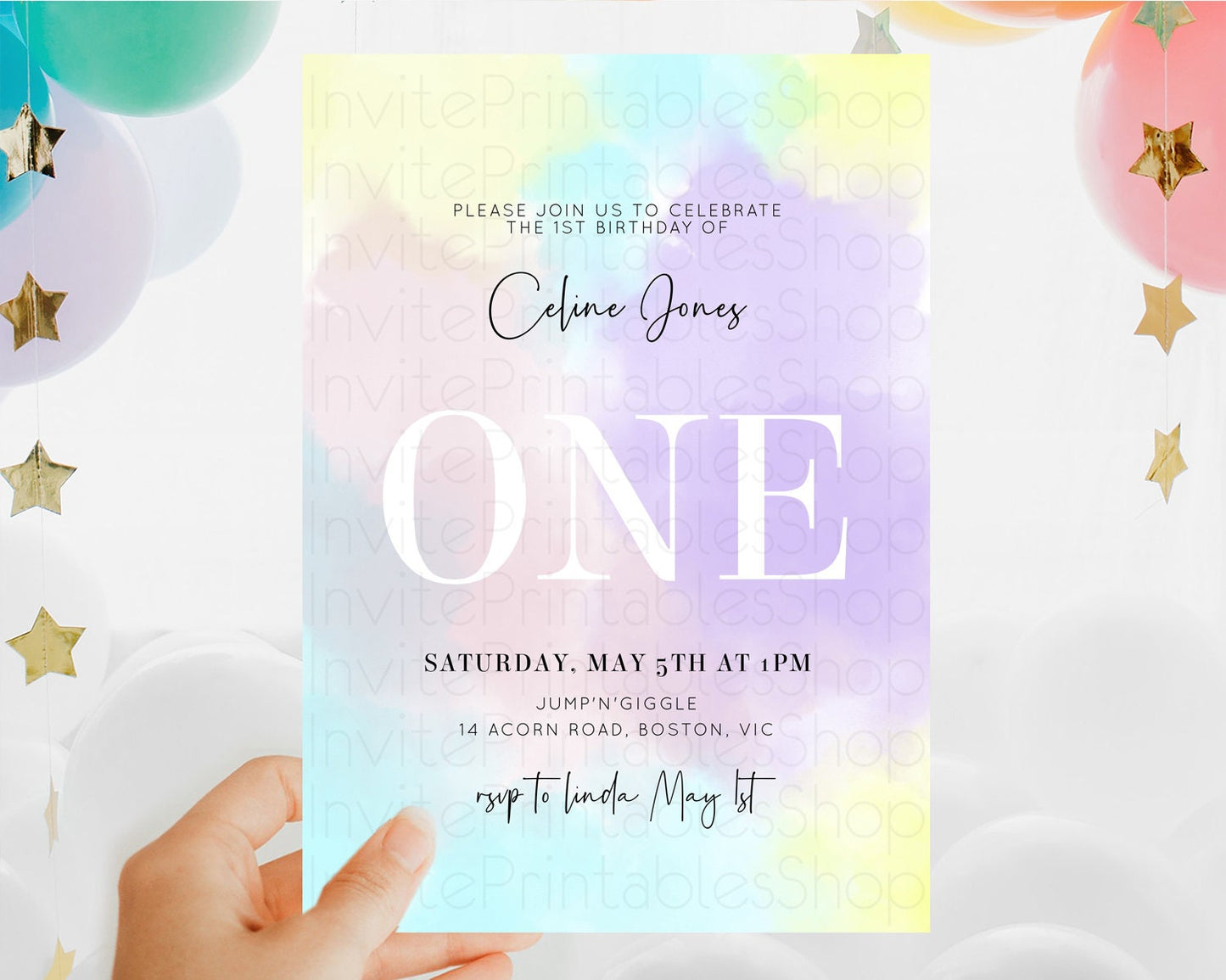 Rainbow Birthday Invitation Colorful Pastel Watercolor Invitation Gold Glitter Sprinkles Ombre Pastel 1st 2nd 3rd Birthday D10617