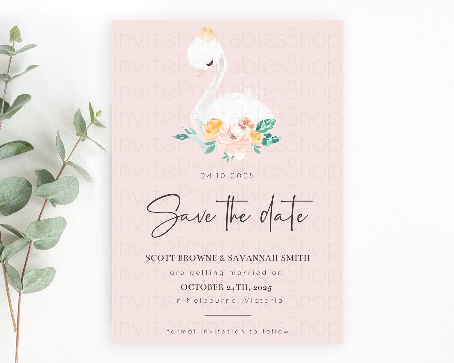 Swan Save The Date Template Swan Princess Ballet Party Enchanted Swan Lake Secret Garden Pastel Floral Birthday Baptism Baby Shower D10388