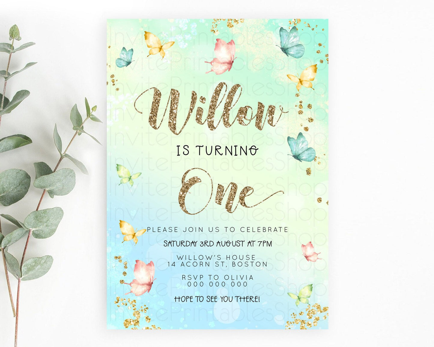 Pastel Butterfly Birthday Invitation Butterfly Birthday Invitation Colorful Splash Glitter Butterfly Garden 1st 2nd Birthday D23078