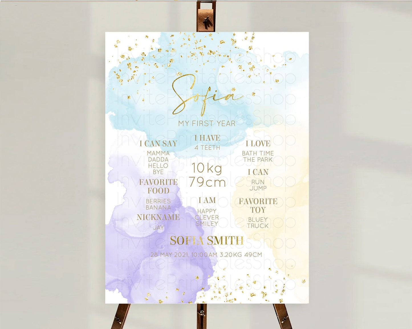 Pastel First Birthday Milestone Board Pastel Rainbow Milestone Poster Colorful Confetti Watercolor Glitter 1st Birthday Welcome Sign D10206