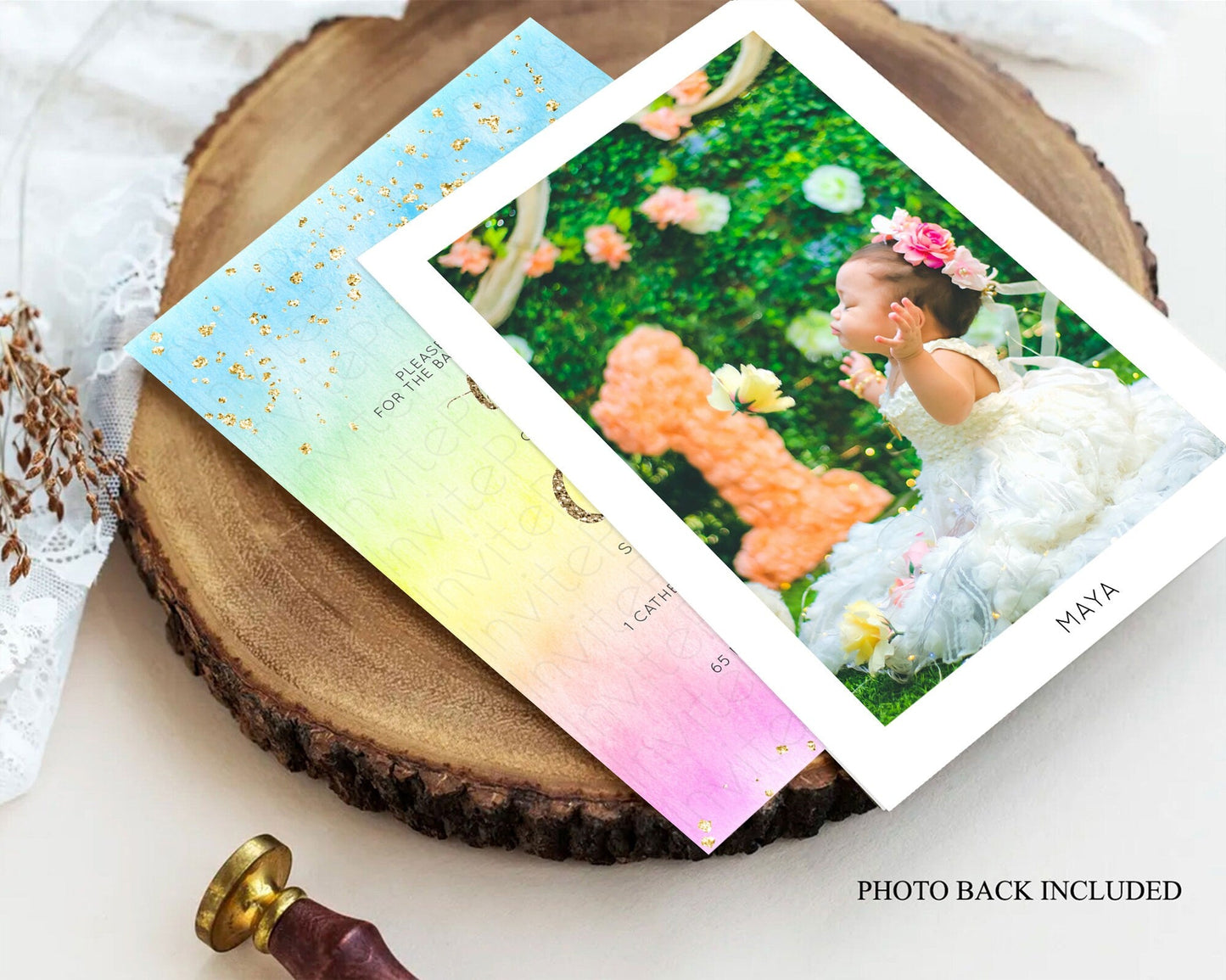 Pastel Baptism Invitation Pastel Colors Watercolor Baptism 1st Birthday Party Gold Ombre Pastel Rainbow Christening Holy Communion D10479