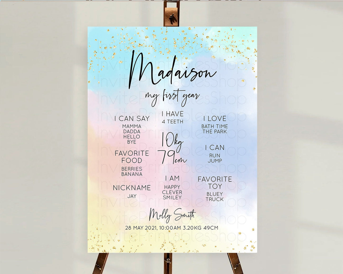 Pastel First Birthday Milestone Board Pastel Rainbow Milestone Poster Colorful Confetti Watercolor Glitter 1st Birthday Welcome Sign D10368