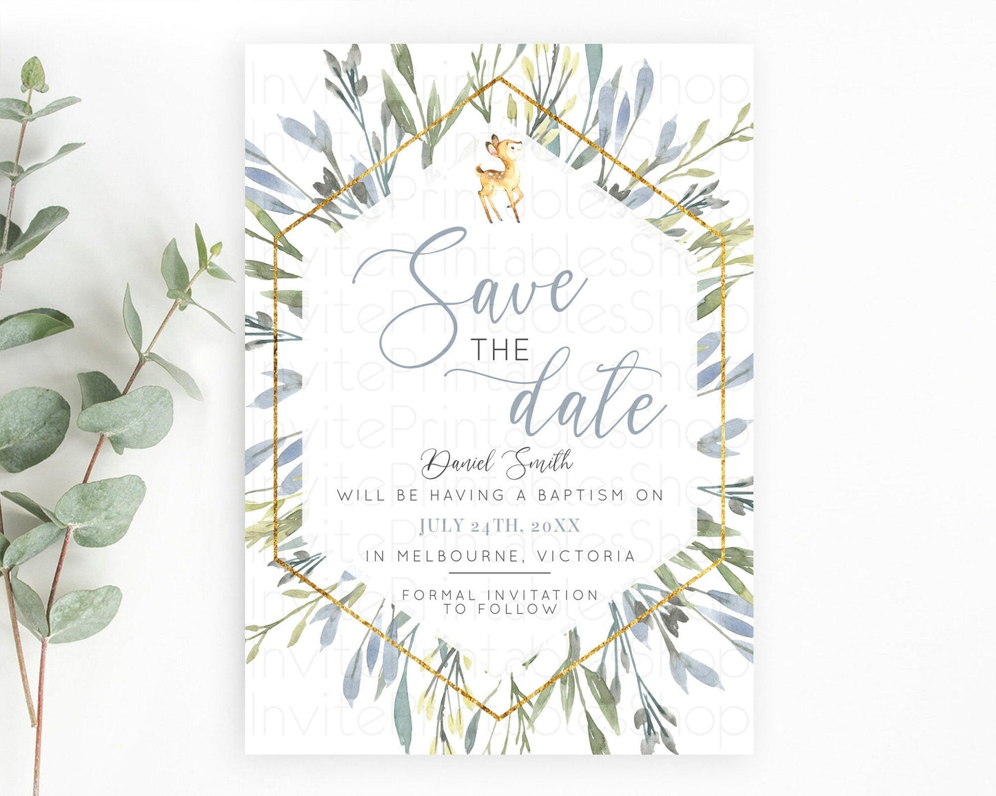 Fawn Deer Save The Date Template Pastel Floral Deer Enchanted Forest Butterfly Party 1st Birthday Baptism Baby Shower Bridal Shower D10400