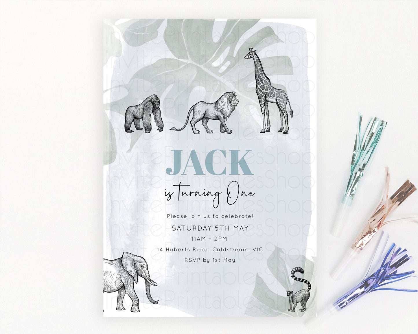 Safari Birthday Invitation Lion Gorilla Elephant Rhino Tropical Palm Jungle Safari Adventure Zoo Party Animal 2nd 1st First Birthday D10821