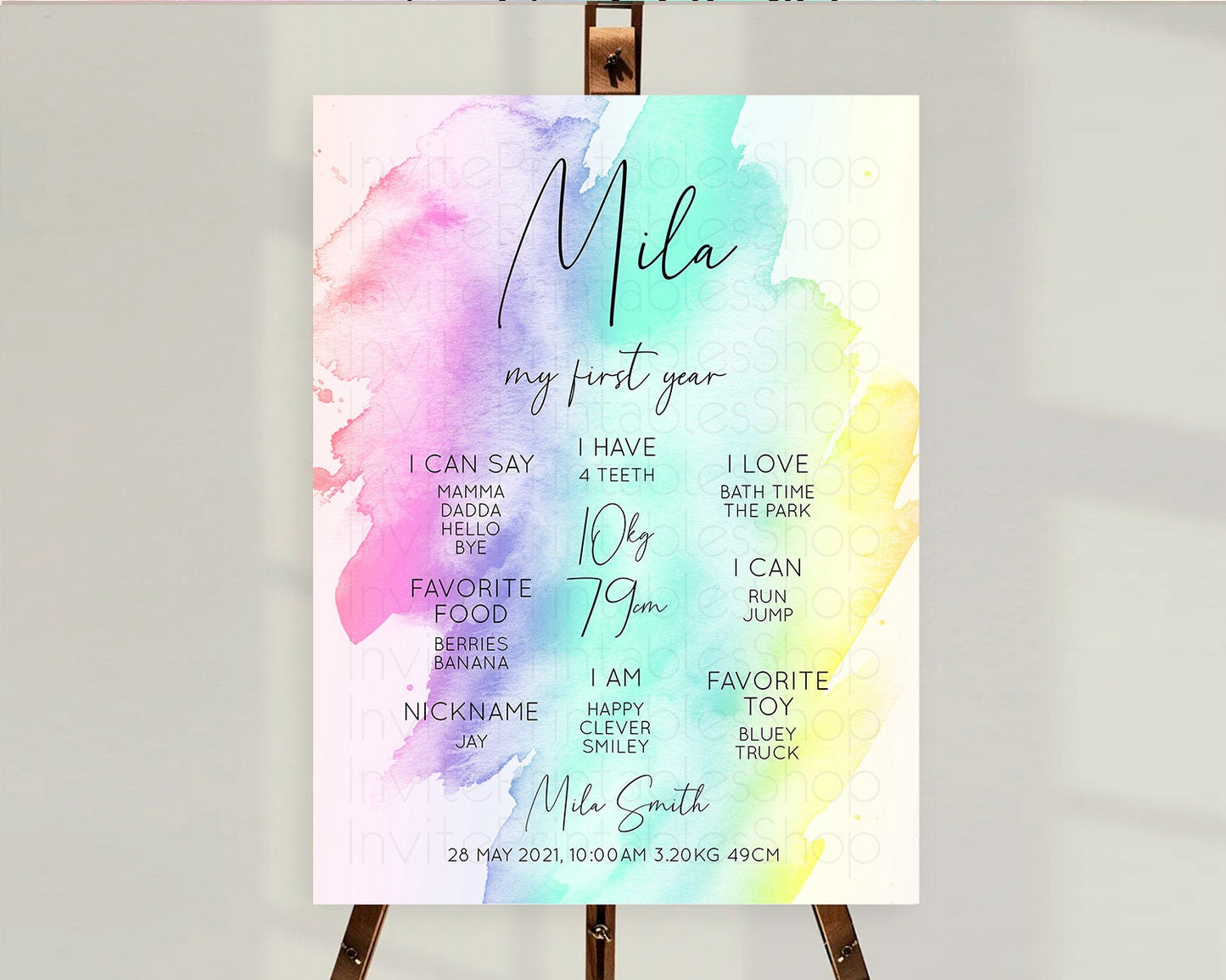 Pastel First Birthday Milestone Board Pastel Rainbow Milestone Poster Colorful Confetti Watercolor Glitter 1st Birthday Welcome Sign D10231