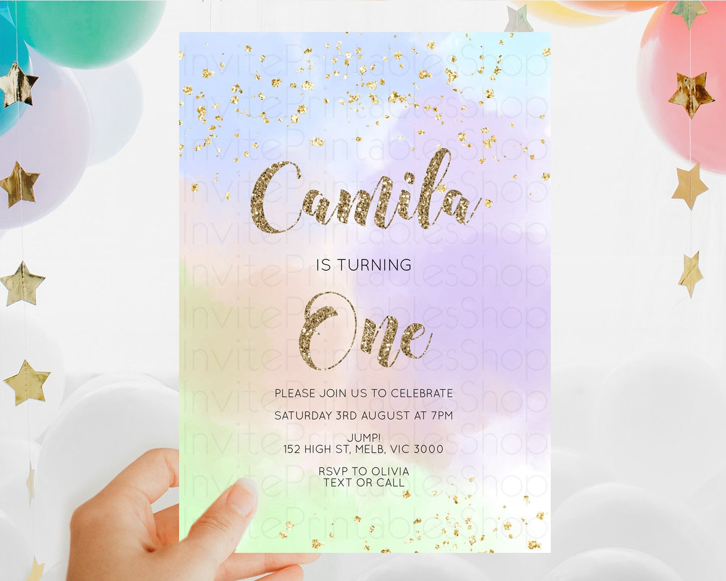 Rainbow Birthday Invitation Colorful Pastel Watercolor Invitation Gold Glitter Sprinkles Ombre Pastel 1st 2nd 3rd Birthday D10372