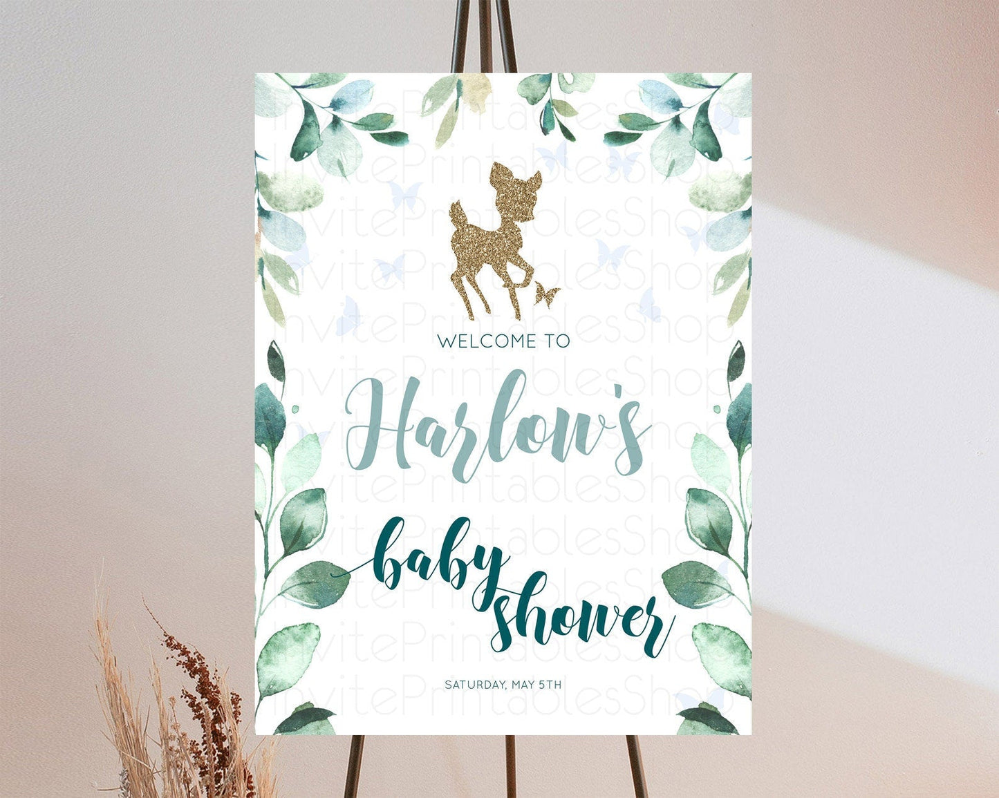Fawn Baby Shower Welcome Sign Deer Welcome Board Floral Deer Welcome Poster Enchanted Forest Butterfly Pastel Floral Welcome Sign D10882