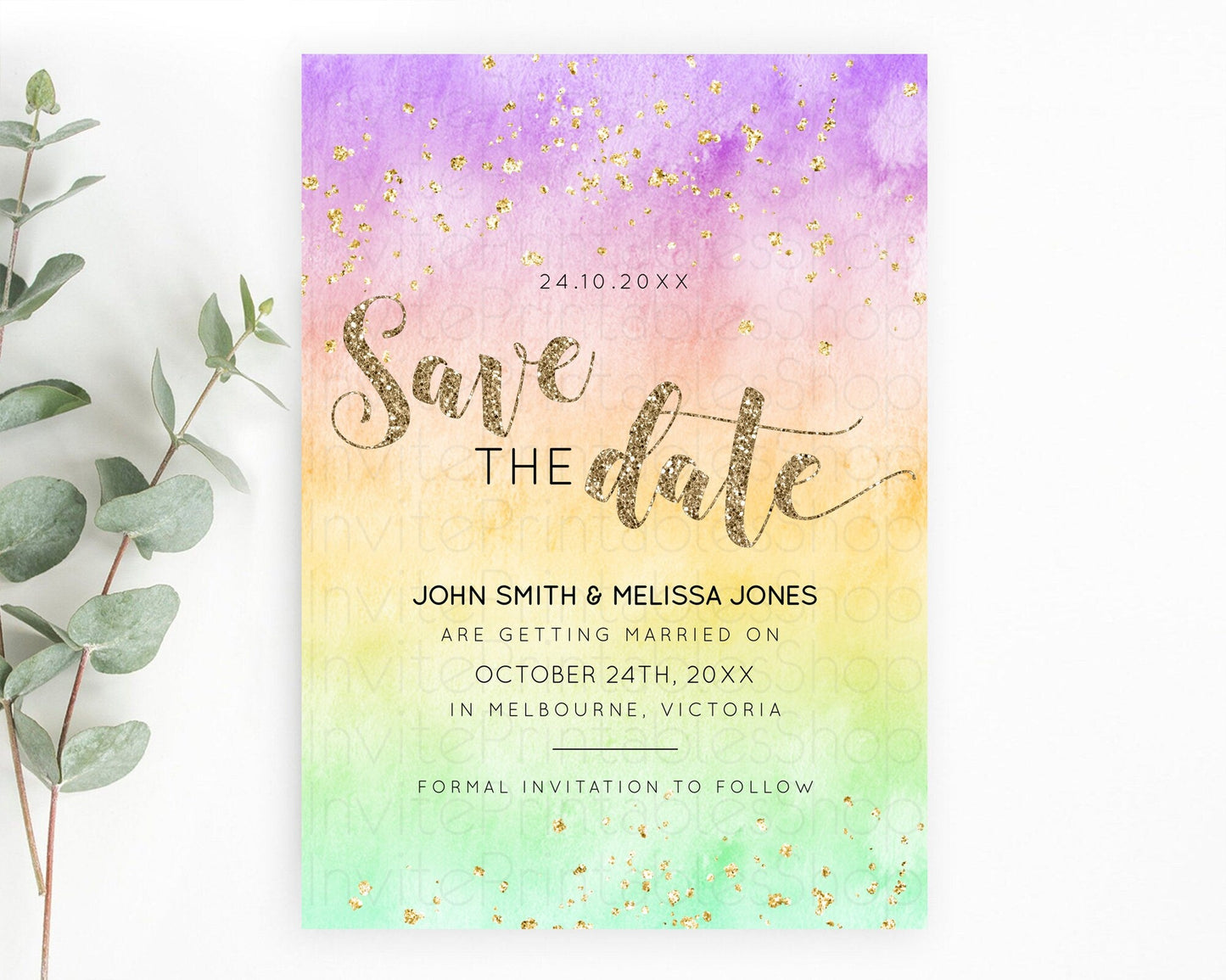 Pastel Save The Date Template Pastel Ombre Rainbow Watercolor Colorful Party For Birthday Baptism Baby Shower Wedding Bridal Shower D10512