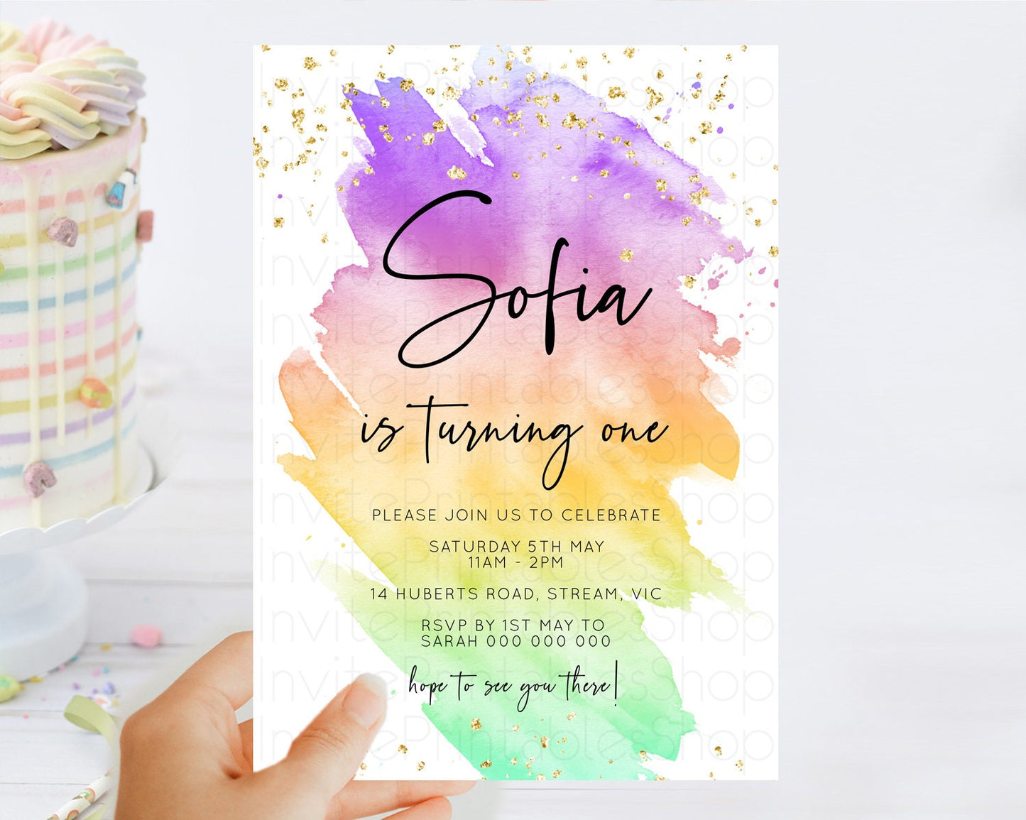 Rainbow Birthday Invitation Colorful Pastel Watercolor Invitation Gold Glitter Sprinkles Ombre Pastel 1st 2nd 3rd Birthday D10518