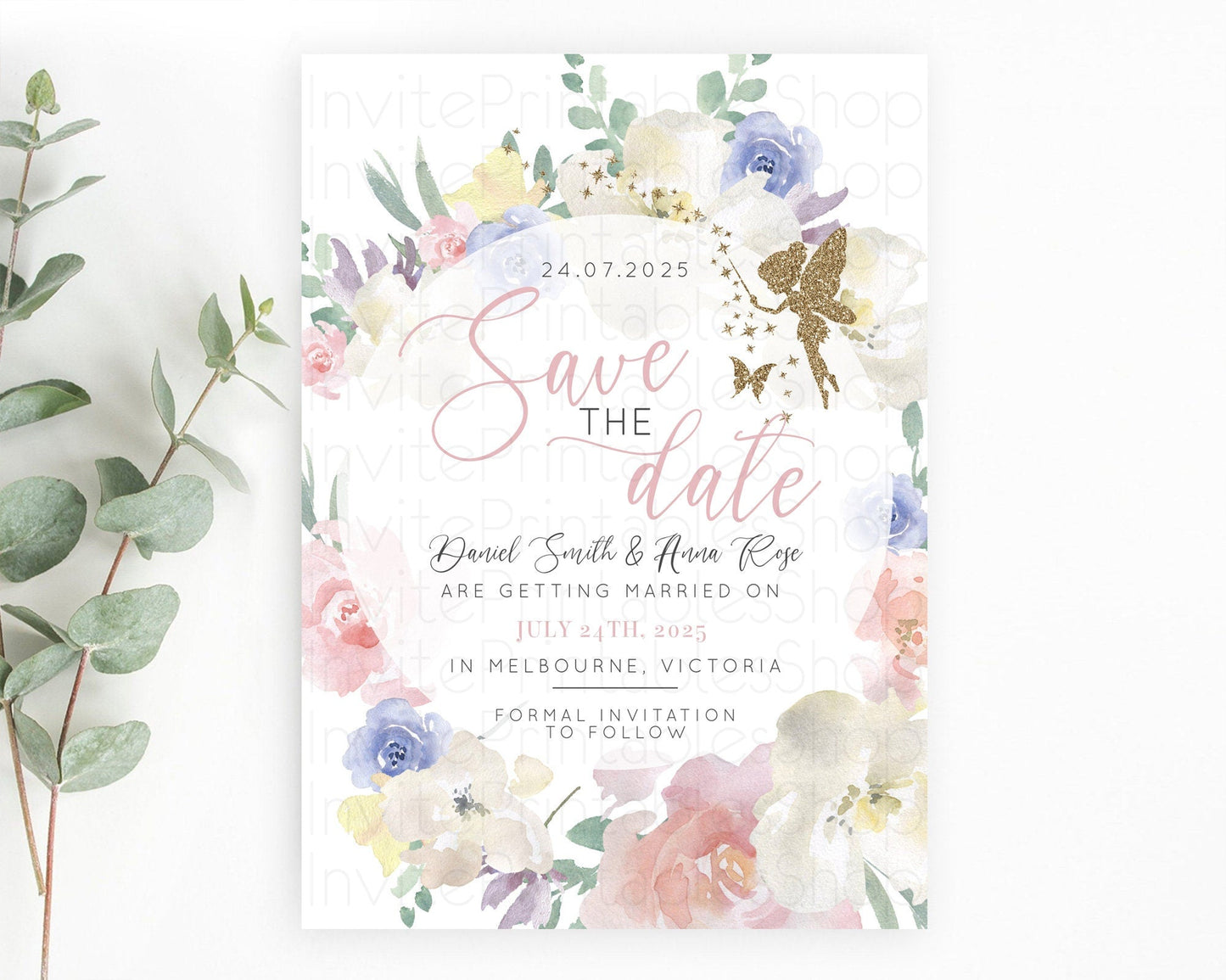 Fairy Save The Date Template Enchanted Garden Pastel Floral Butterfly Party Secret Garden Birthday Baptism Baby Shower Bridal Shower D10852