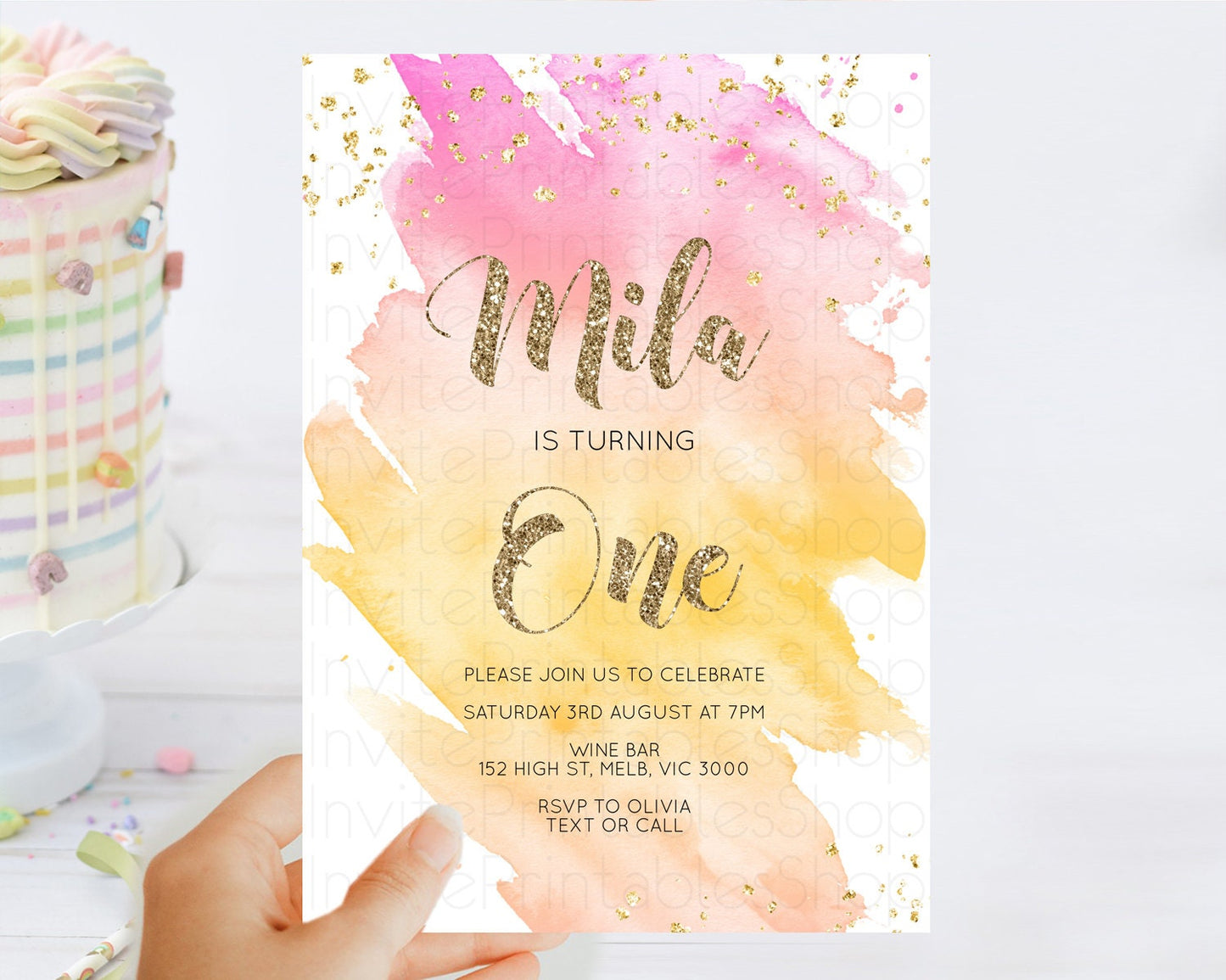 Rainbow Birthday Invitation Colorful Pastel Watercolor Invitation Gold Glitter Sprinkles Ombre Pastel 1st 2nd 3rd Birthday D10526