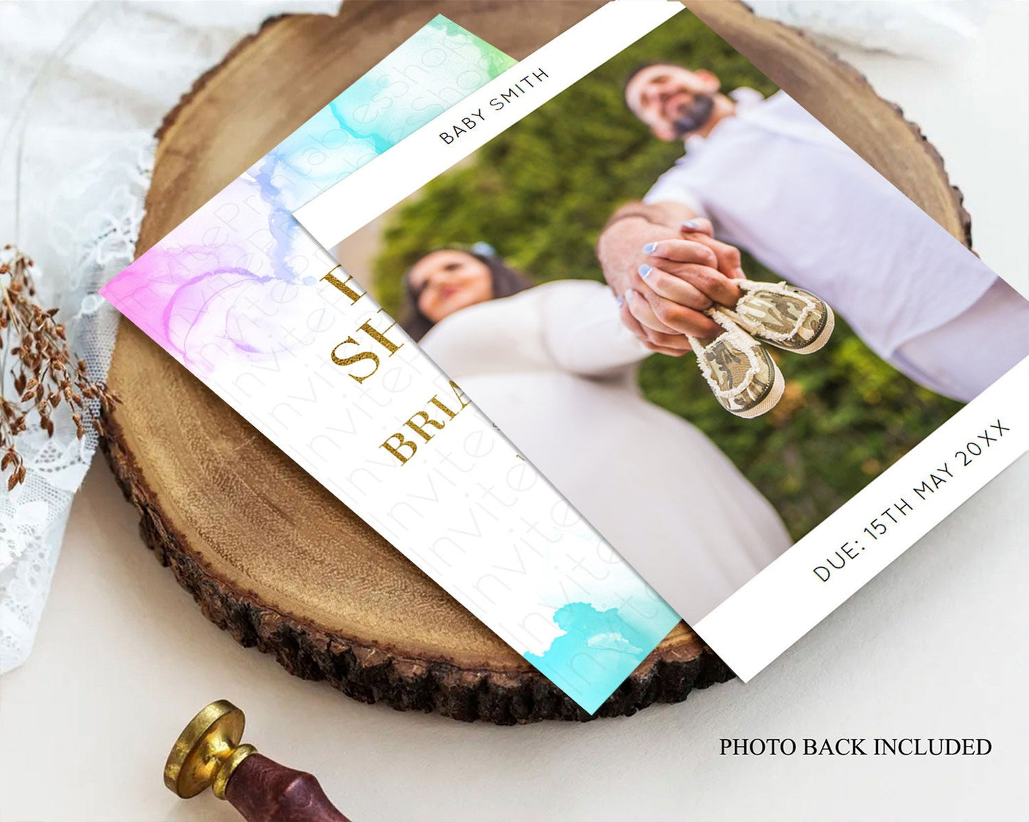 Pastel Rainbow Baby Shower Invitation, Gender Reveal Colorful Watercolor with Gold Glitter Sprinkles, Ombre Blue, Pink, Orange D10181