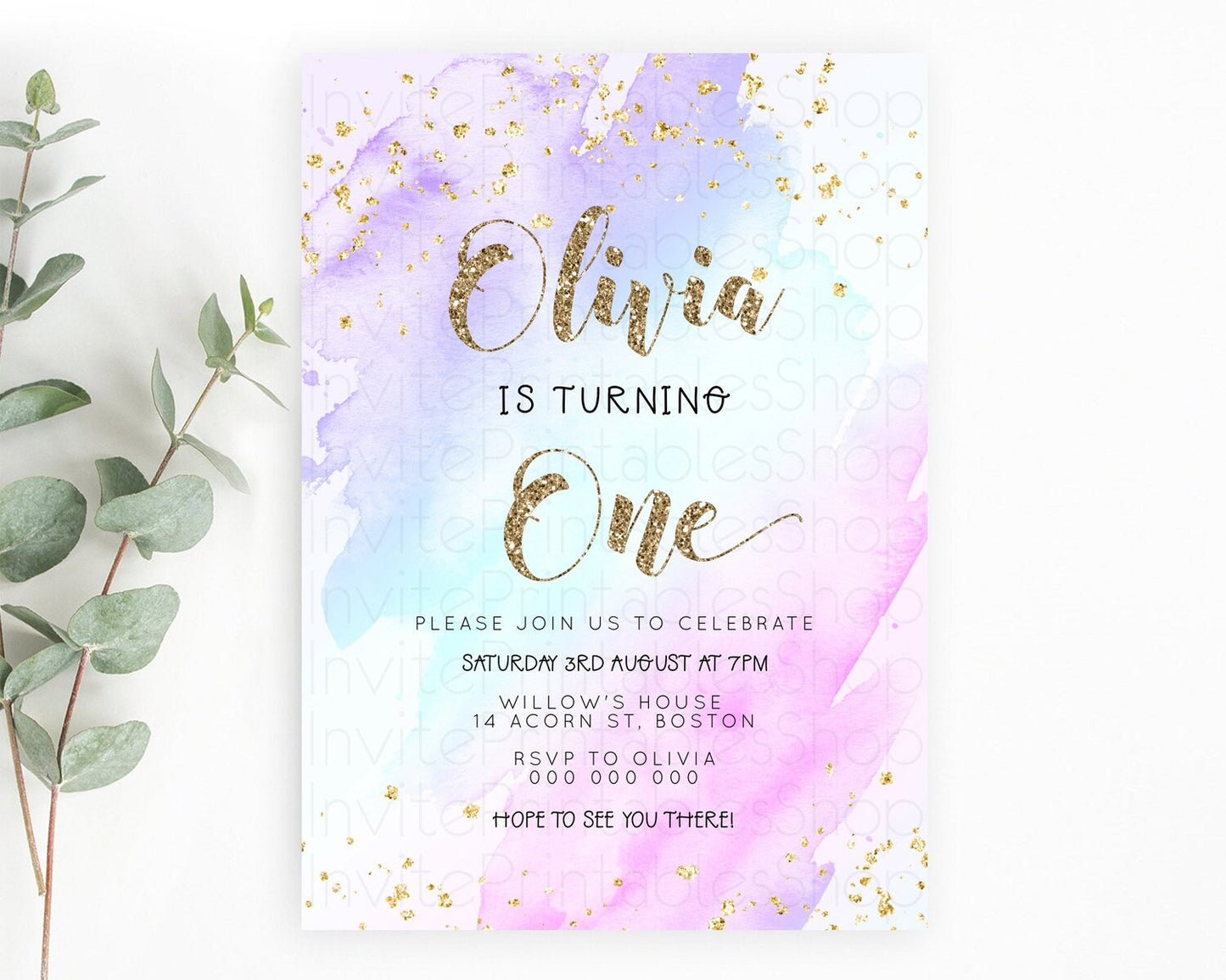 Rainbow Birthday Invitation Colorful Pastel Watercolor Invitation Gold Glitter Sprinkles Ombre Pastel 1st 2nd 3rd Birthday D23283