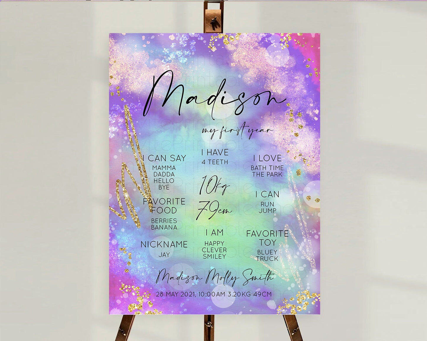 Pastel First Birthday Milestone Board Pastel Rainbow Milestone Poster Colorful Confetti Watercolor Glitter 1st Birthday Welcome Sign D10680