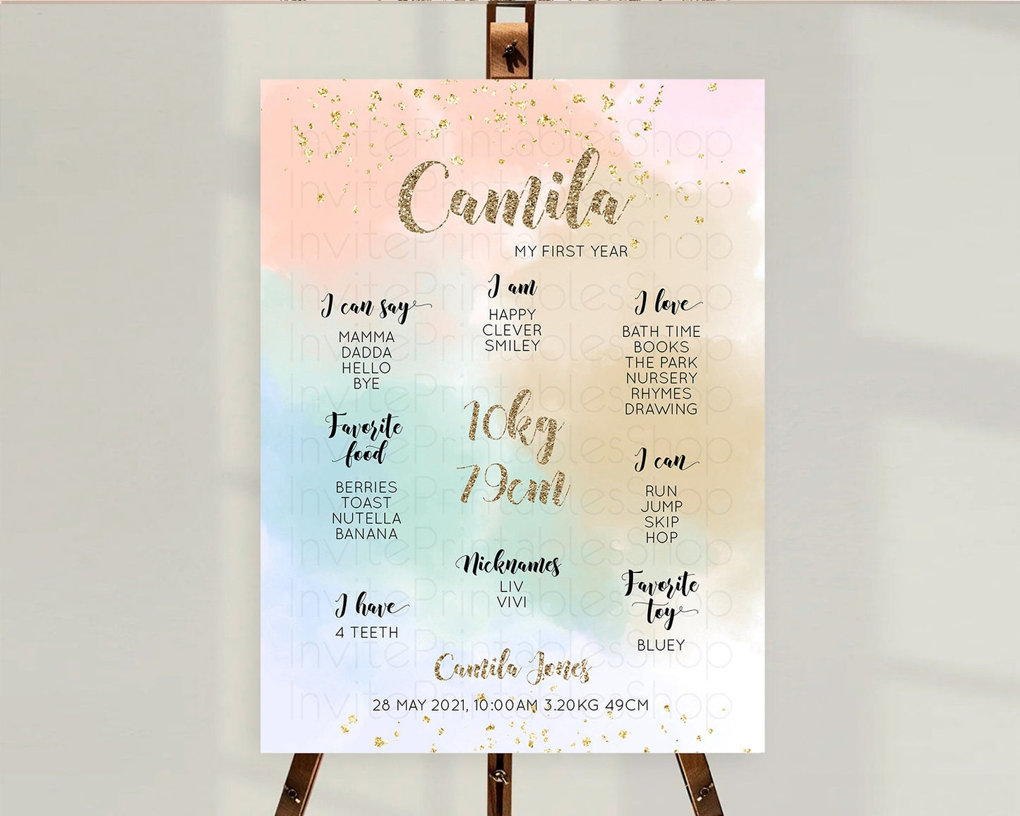 Pastel First Birthday Milestone Board Pastel Rainbow Milestone Poster Colorful Confetti Watercolor Glitter 1st Birthday Welcome Sign D10377