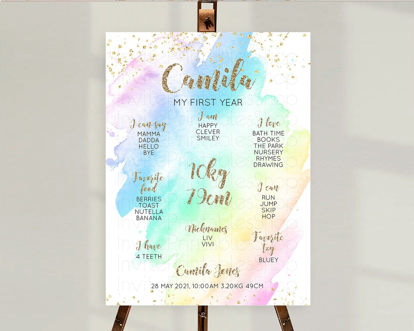 Pastel First Birthday Milestone Board Pastel Rainbow Milestone Poster Colorful Confetti Watercolor Glitter 1st Birthday Welcome Sign D10637
