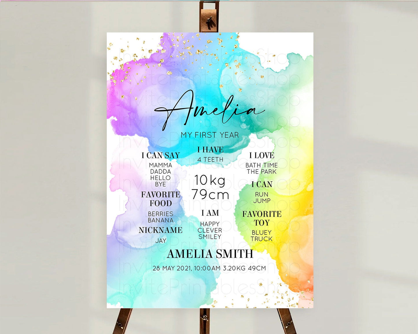 Pastel First Birthday Milestone Board Pastel Rainbow Milestone Poster Colorful Confetti Watercolor Glitter 1st Birthday Welcome Sign D10213