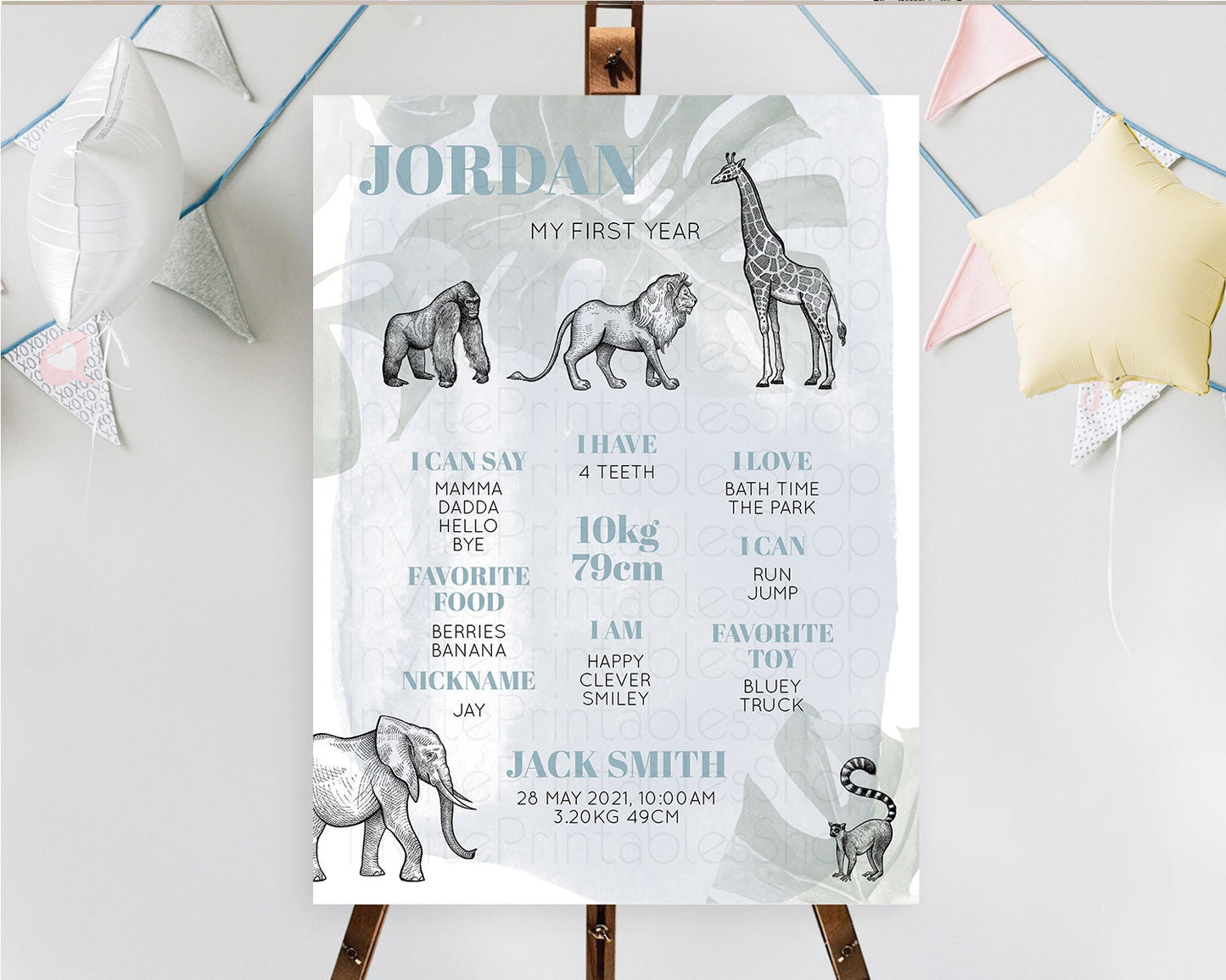 Safari First Birthday Milestone Poster Lion Gorilla Elephant Rhino Tropical Palm Jungle Zoo Party Animal 1st Birthday Welcome Sign D10821