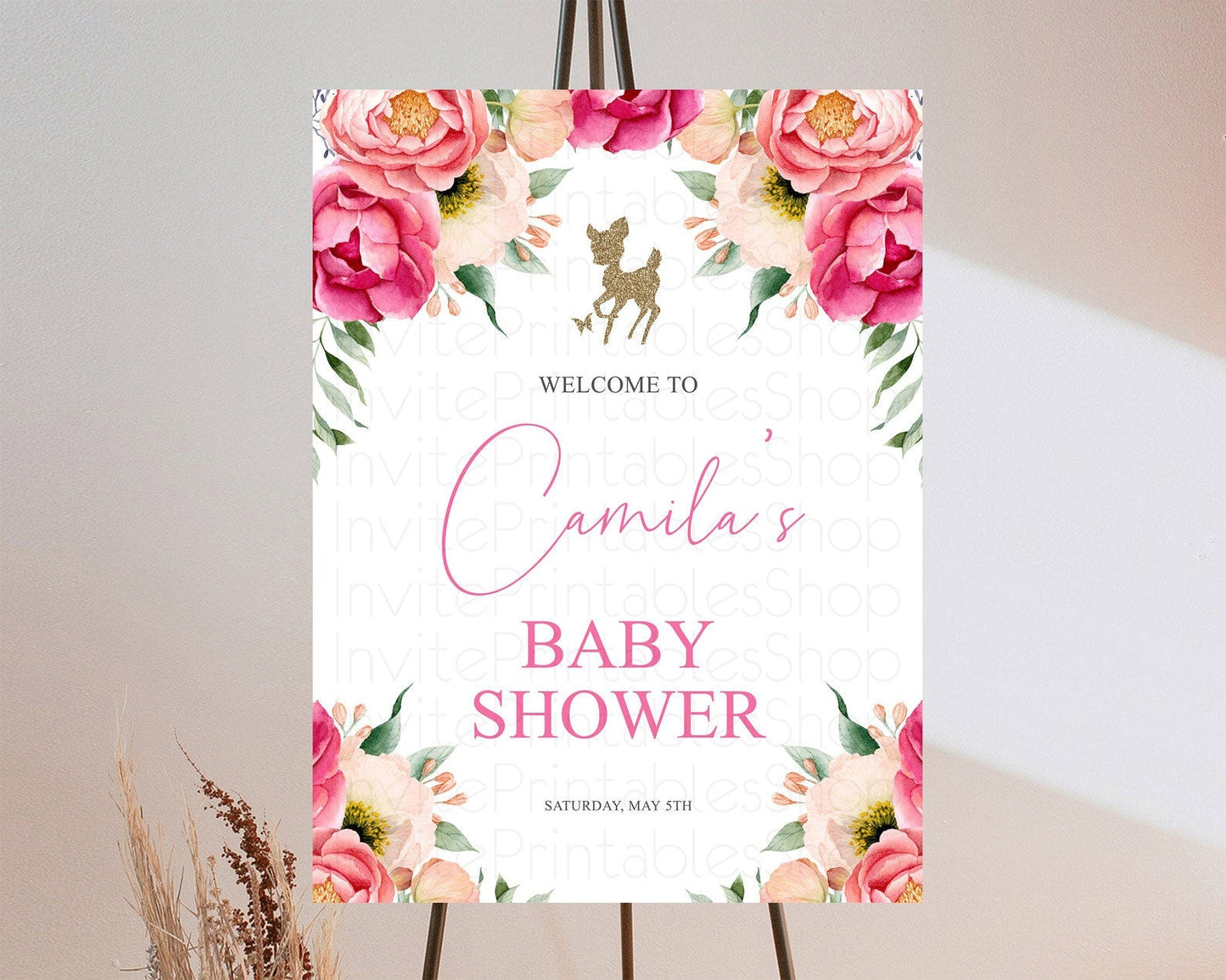 Fawn Baby Shower Welcome Sign Deer Welcome Board Floral Deer Welcome Poster Enchanted Forest Butterfly Pastel Floral Welcome Sign D10326