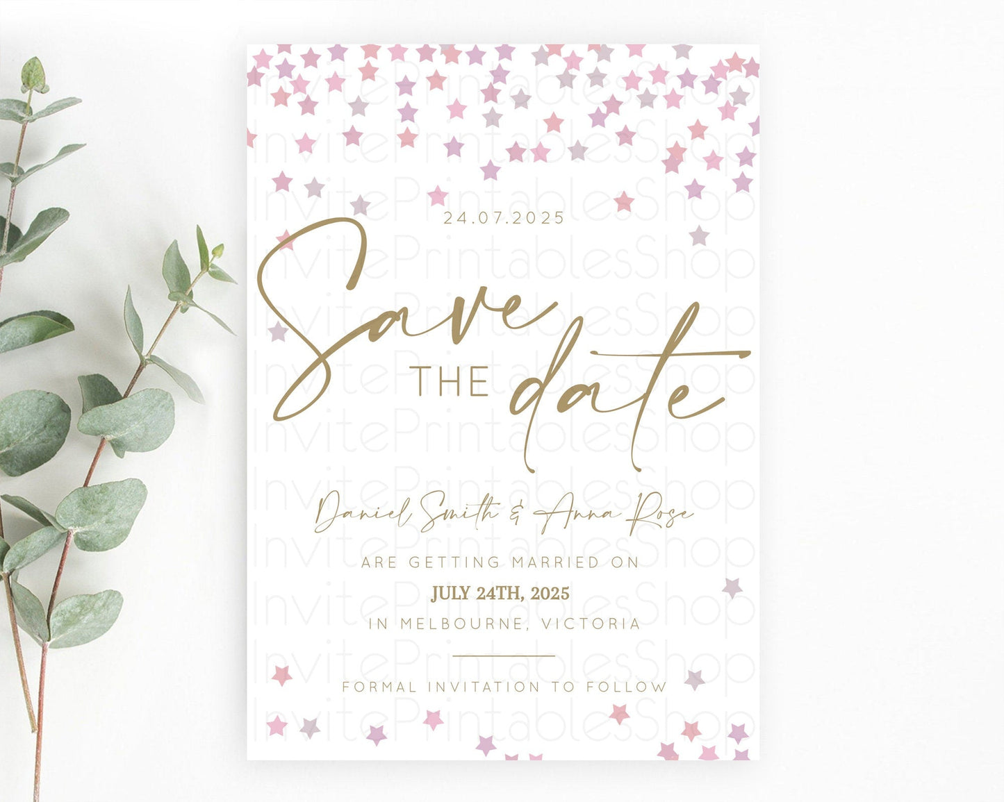 Twinkle Stars Save The Date Template Pastel Twinkle Little Star Party Shooting Star Confetti Sprinkles Birthday Baptism Baby Shower D10344