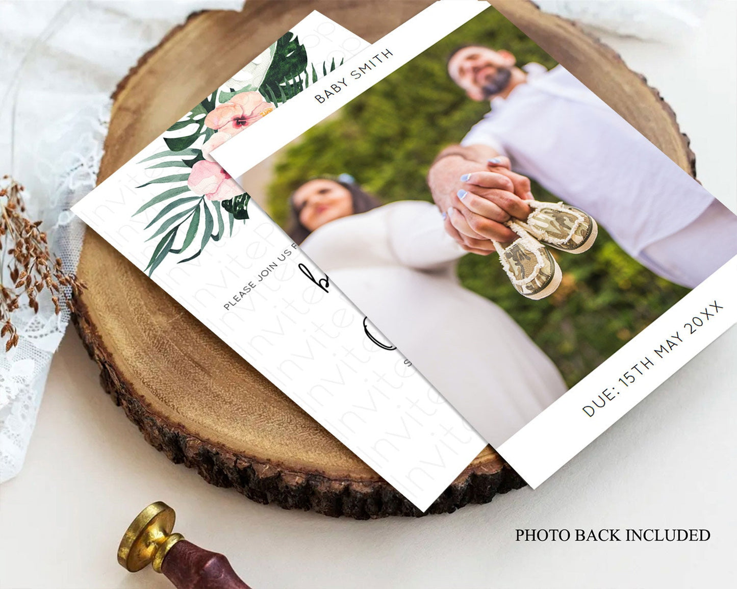 Tropical baby Shower Invitation Tropical Floral Baby Shower Invitation Palm Leaf Fern Invitation Frangipani White Orchid Invitation D11017