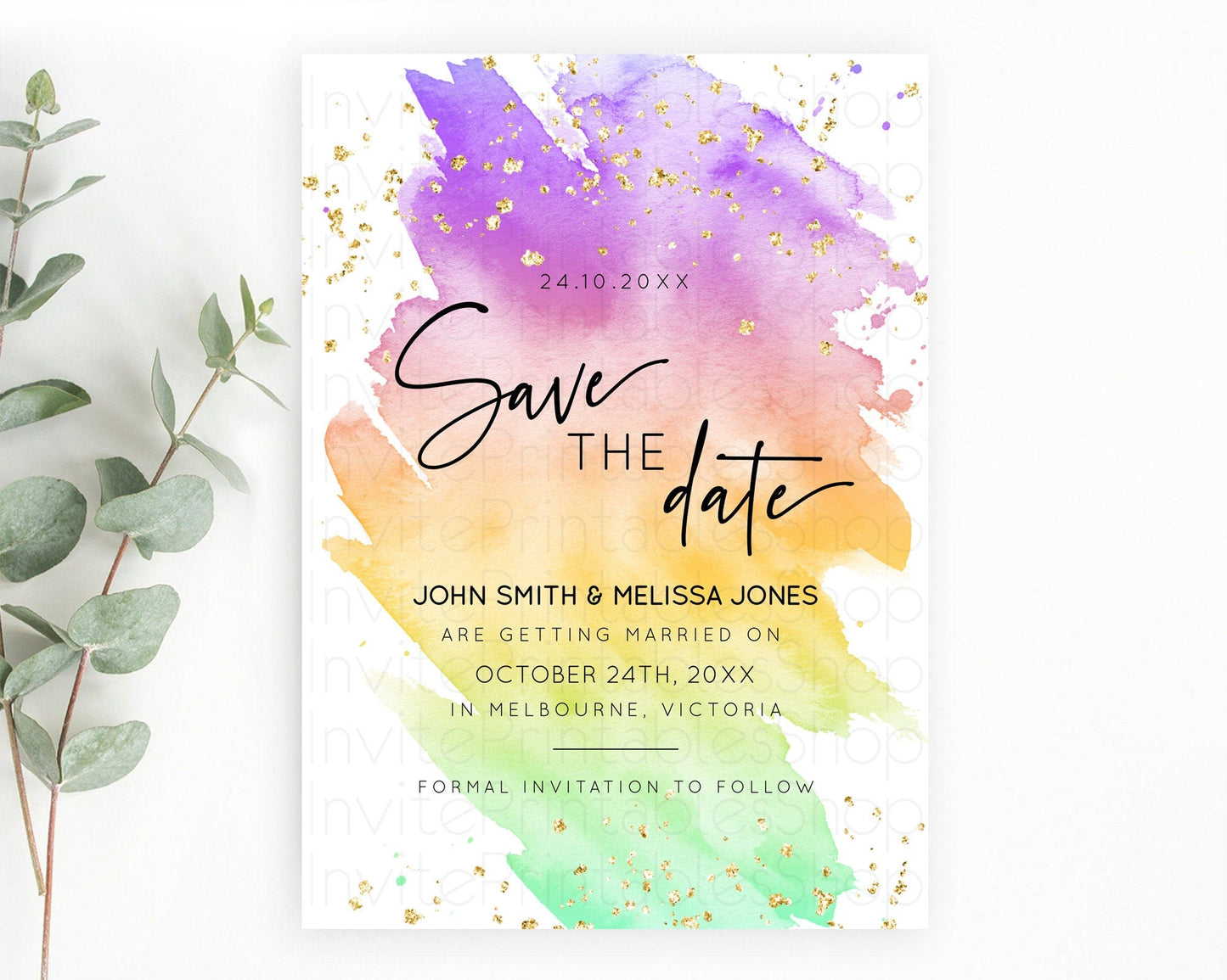 Pastel Save The Date Template Pastel Ombre Rainbow Watercolor Colorful Party For Birthday Baptism Baby Shower Wedding Bridal Shower D10518