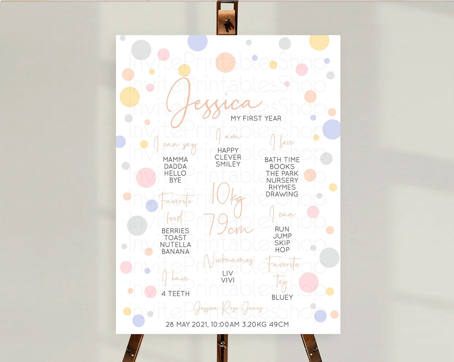 Pastel First Birthday Milestone Poster Pastel Rainbow Confetti First Birthday Milestone Board Colorful Bubbles Birthday Welcome Sign D10759