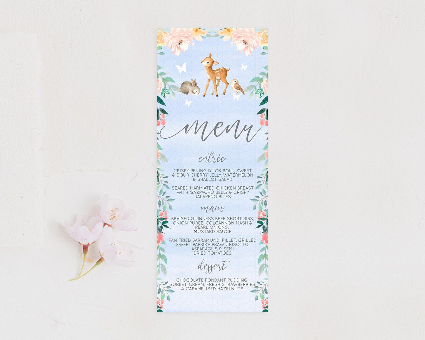 Fawn Menu Deer Menu Template Pastel Floral Deer Table Decor Enchanted Forest Butterfly Floral Dinner Dessert Menu Party Food Menu D10920