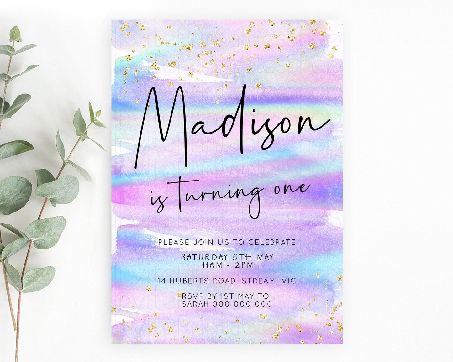 Pastel Birthday Invitation Ombre Watercolor Birthday Invitation Glitter Rainbow Color Splash 1st 2nd 3rd Birthday Invitation D23031