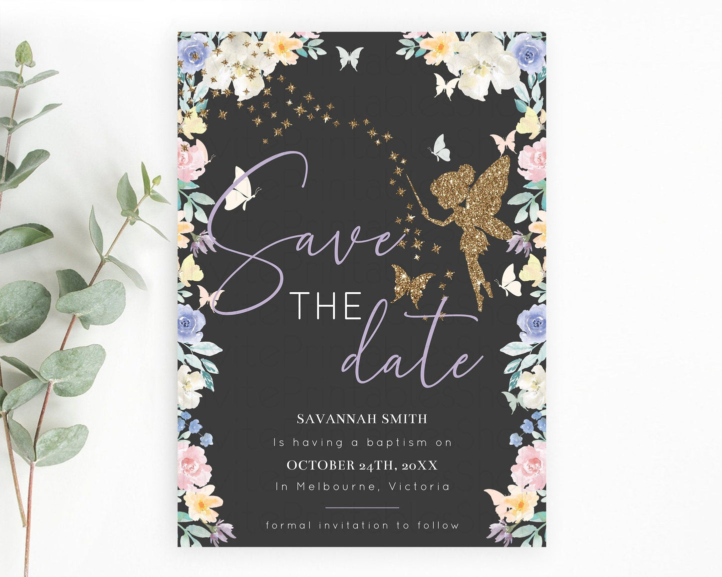 Fairy Save The Date Template Enchanted Garden Pastel Floral Butterfly Party Secret Garden Birthday Baptism Baby Shower Bridal Shower D10881