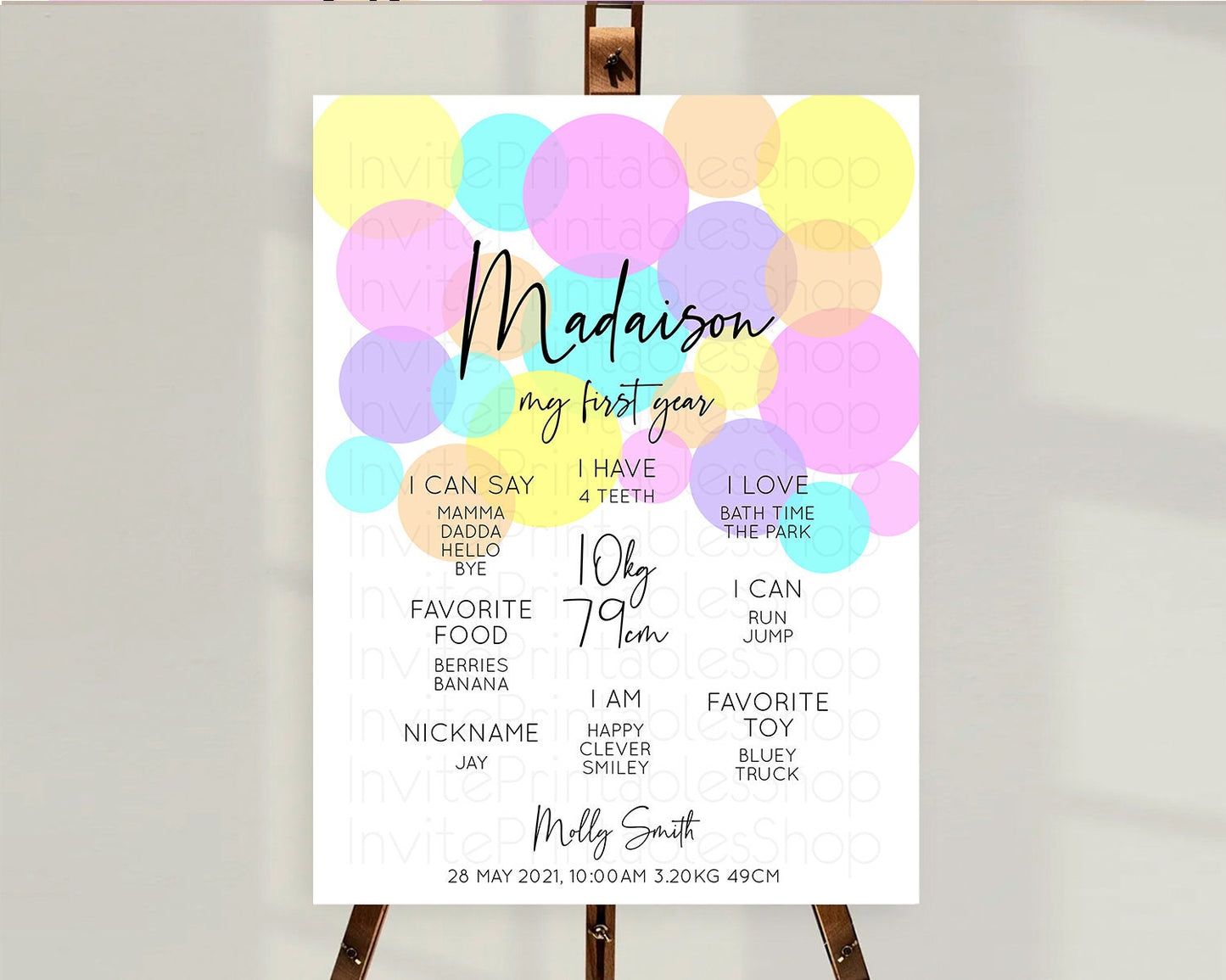 Pastel First Birthday Milestone Poster Pastel Rainbow Confetti First Birthday Milestone Board Colorful Bubbles Birthday Welcome Sign D10407