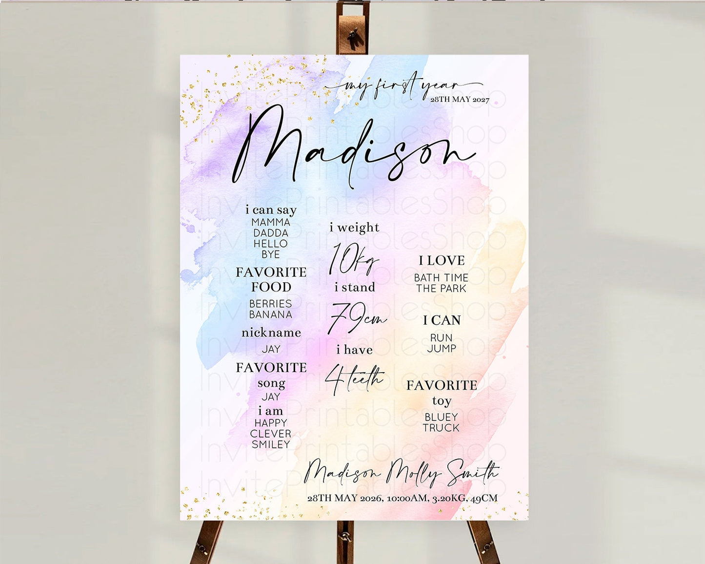 Pastel First Birthday Milestone Board Pastel Rainbow Milestone Poster Colorful Confetti Watercolor Glitter 1st Birthday Welcome Sign D10635