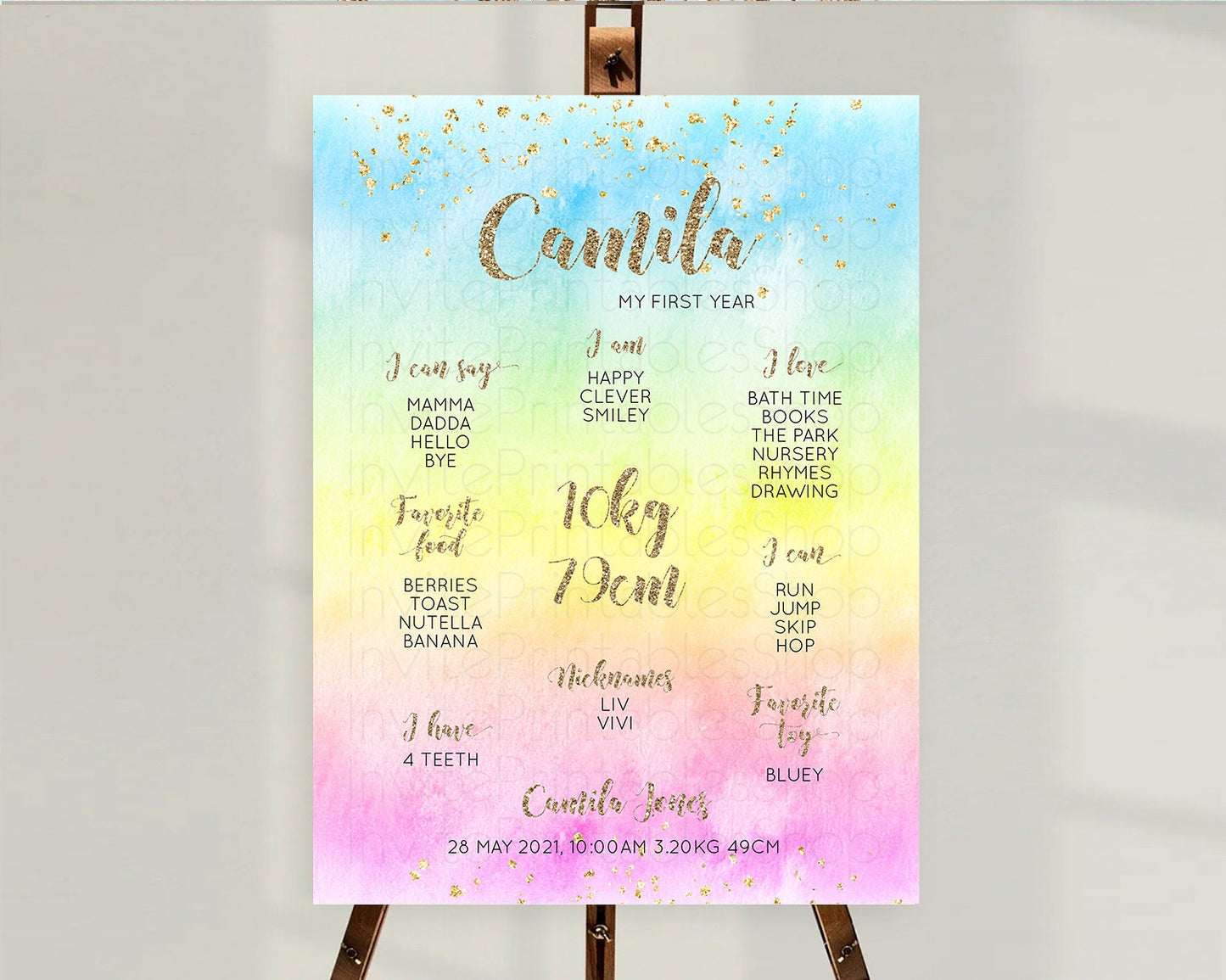 Pastel First Birthday Milestone Board Pastel Rainbow Milestone Poster Colorful Confetti Watercolor Glitter 1st Birthday Welcome Sign D10479