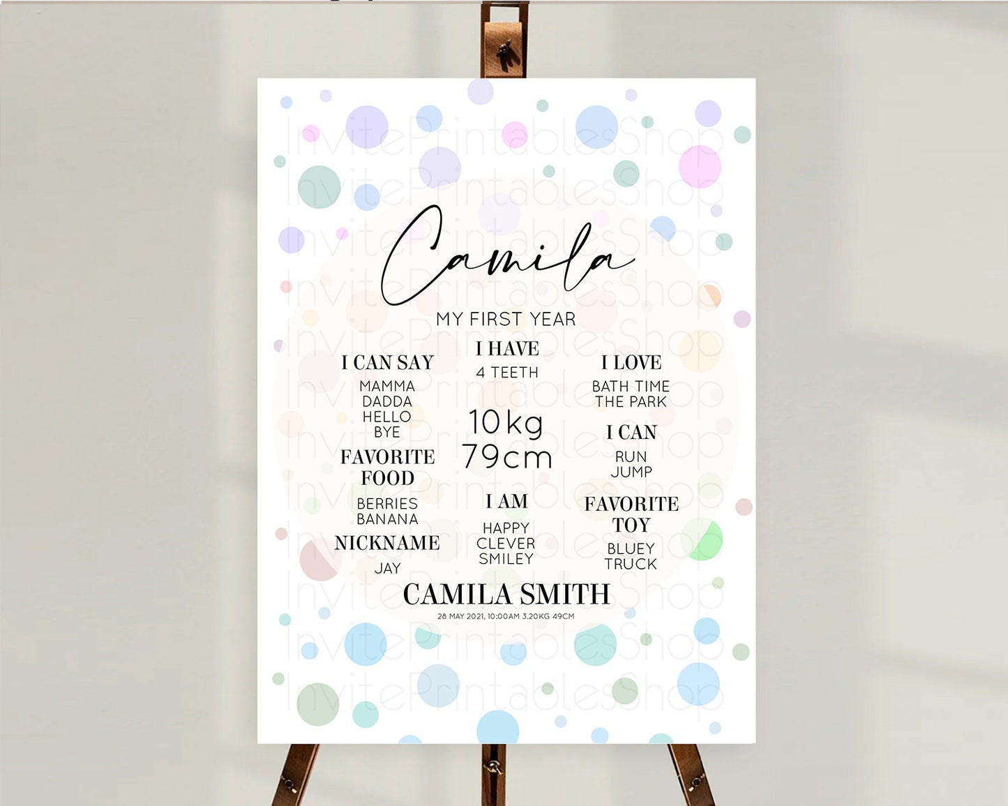 Pastel First Birthday Milestone Poster Pastel Rainbow Confetti First Birthday Milestone Board Colorful Bubbles Birthday Welcome Sign D10135
