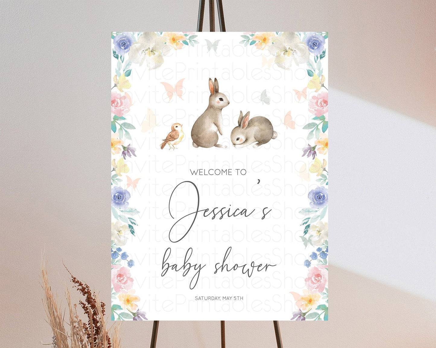 Bunny Baby Shower Welcome Sign Floral Bunny Welcome Board Pastel Flowers Woodland Bunny Welcome Poster Forest Bunny Welcome Sign D10928