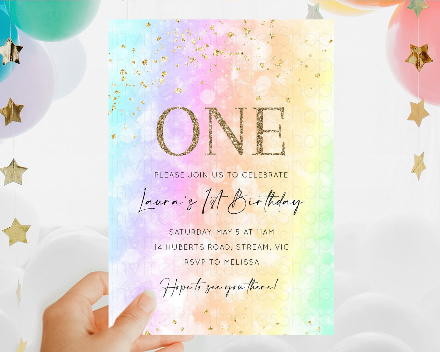 Rainbow Birthday Invitation Colorful Pastel Watercolor Invitation Gold Glitter Sprinkles Ombre Pastel 1st 2nd 3rd Birthday D10647