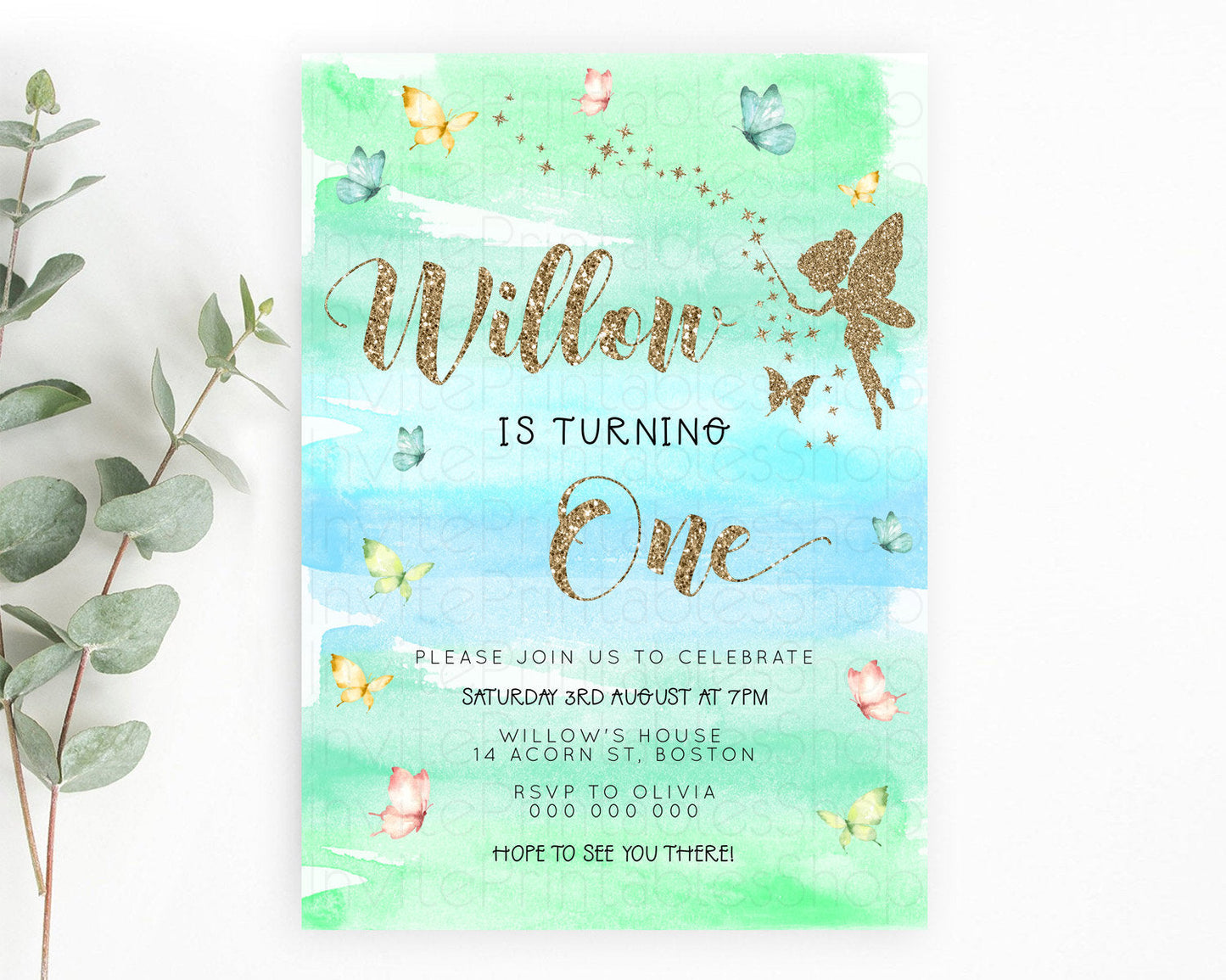 Pastel Fairy Birthday Invitation Pastel Butterflies Fairy Birthday Invitation Rainbow Ombre Watercolor 1st 2nd Birthday Invitation D23323