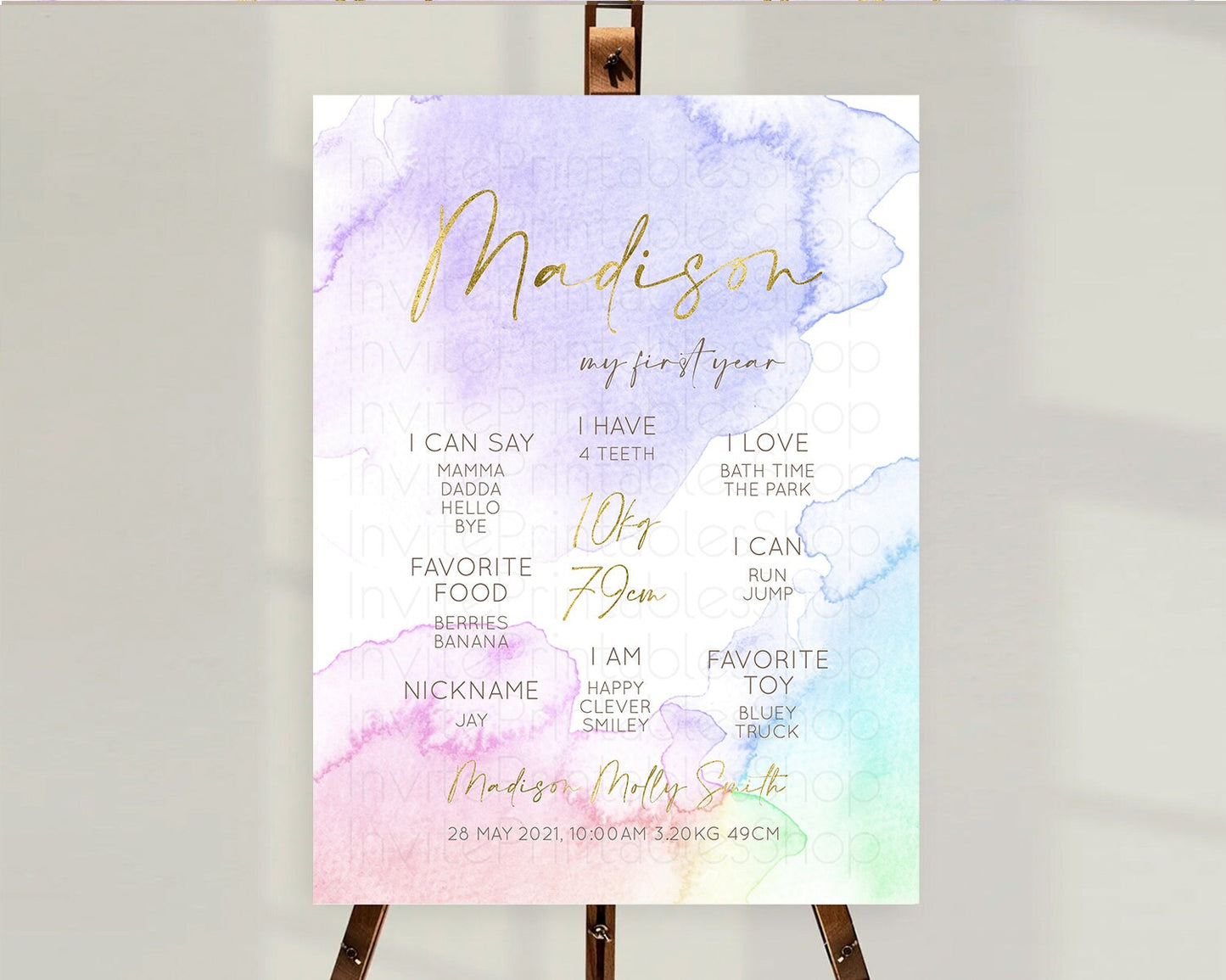 Pastel First Birthday Milestone Board Pastel Rainbow Milestone Poster Colorful Confetti Watercolor Glitter 1st Birthday Welcome Sign D10215