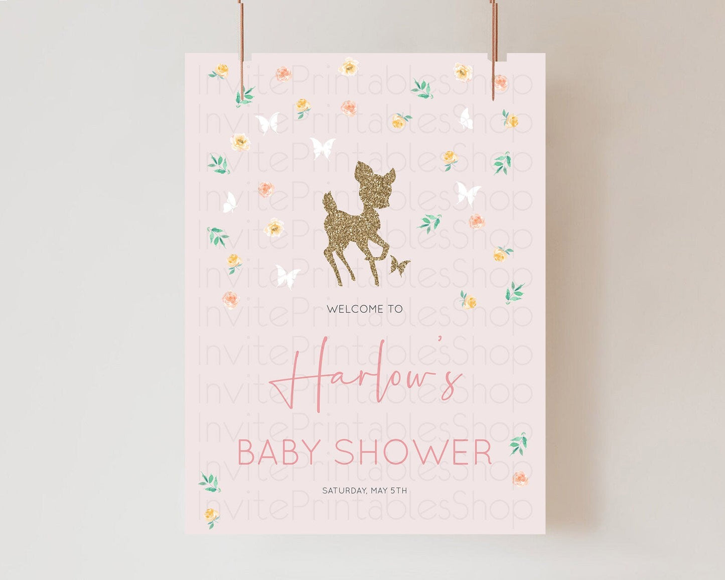 Fawn Baby Shower Welcome Sign Deer Welcome Board Floral Deer Welcome Poster Enchanted Forest Butterfly Pastel Floral Welcome Sign D10386
