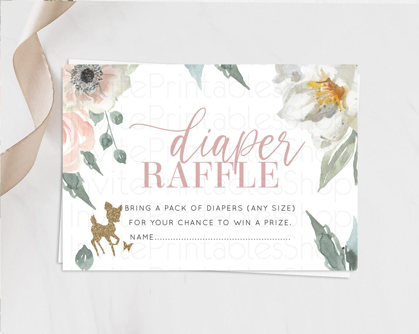 Fawn Diaper Raffle Card Deer Diaper Insert Floral Deer Diaper Ticket Enchanted Forest Butterfly Pastel Baby Shower Raffle Game D10120