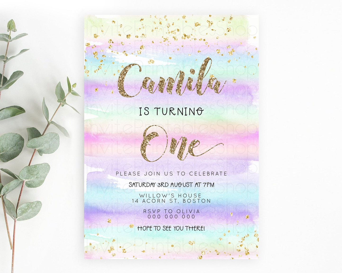 Rainbow Birthday Invitation Colorful Pastel Watercolor Invitation Gold Glitter Sprinkles Ombre Pastel 1st 2nd 3rd Birthday D23263
