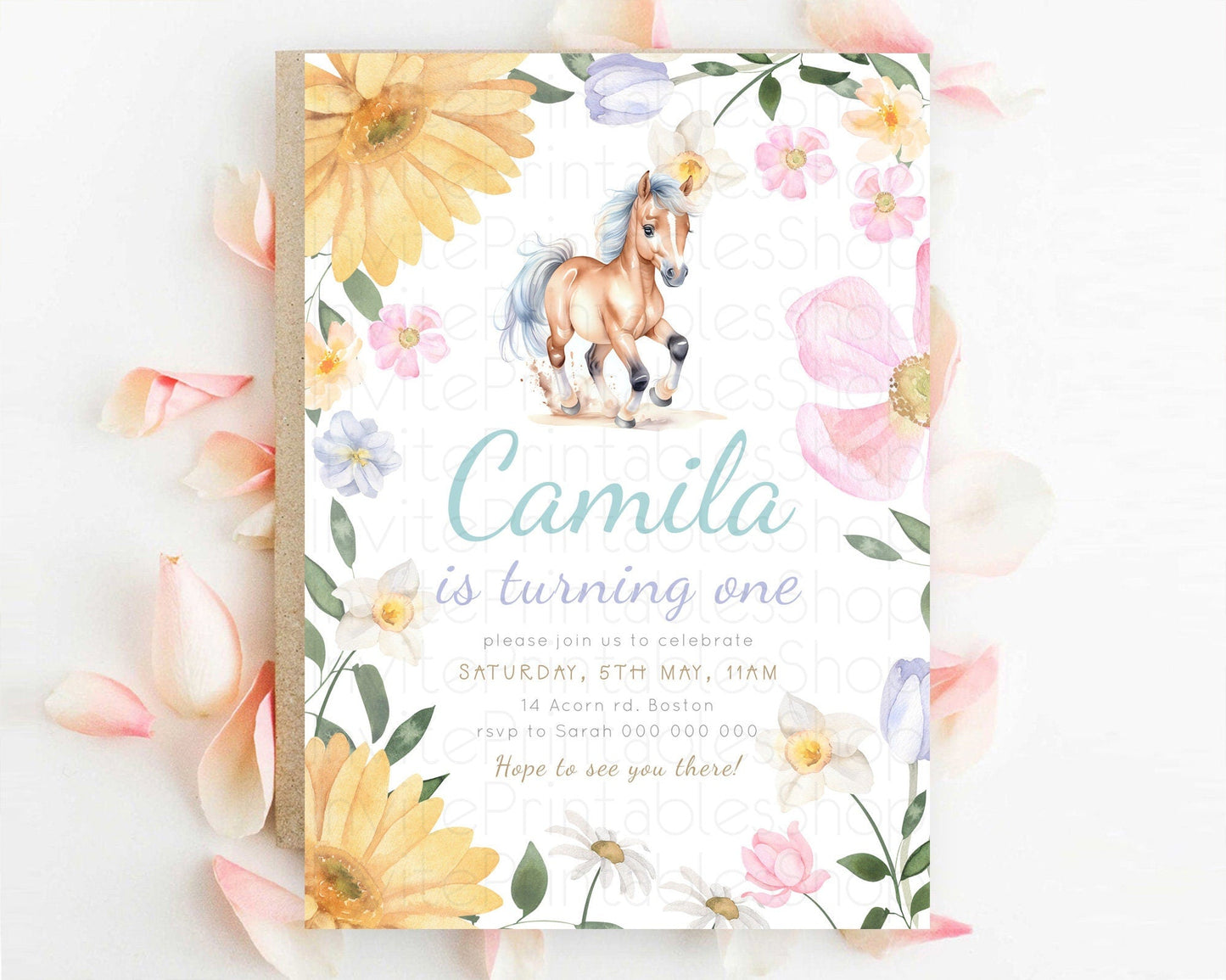 Horse Birthday Invitation, Galloping Wildflower Fields, Pastel Flowers, Butterflies, Flowers Accents for Equestrian & Cowgirls d23380