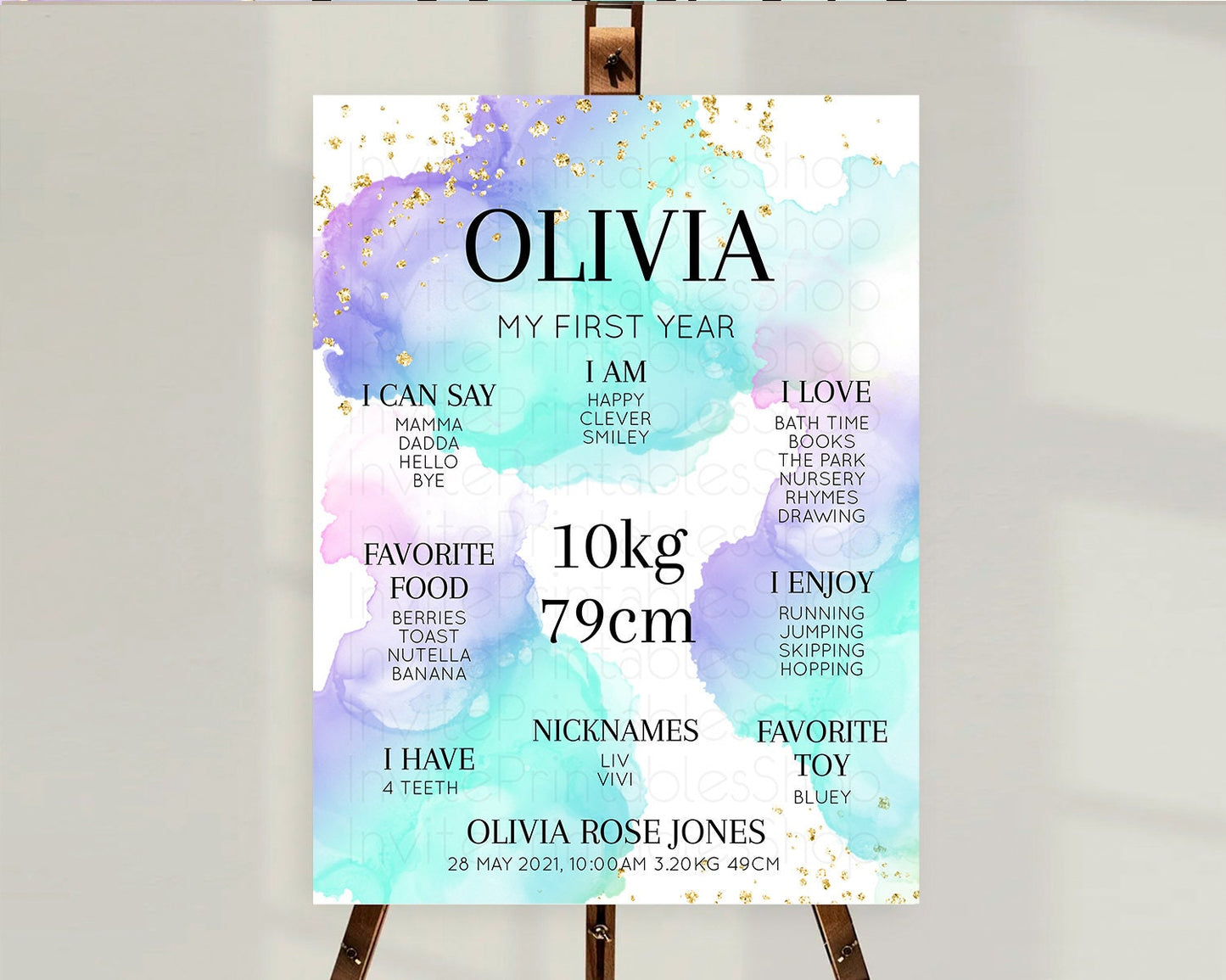 Pastel First Birthday Milestone Board Pastel Rainbow Milestone Poster Colorful Confetti Watercolor Glitter 1st Birthday Welcome Sign D10212