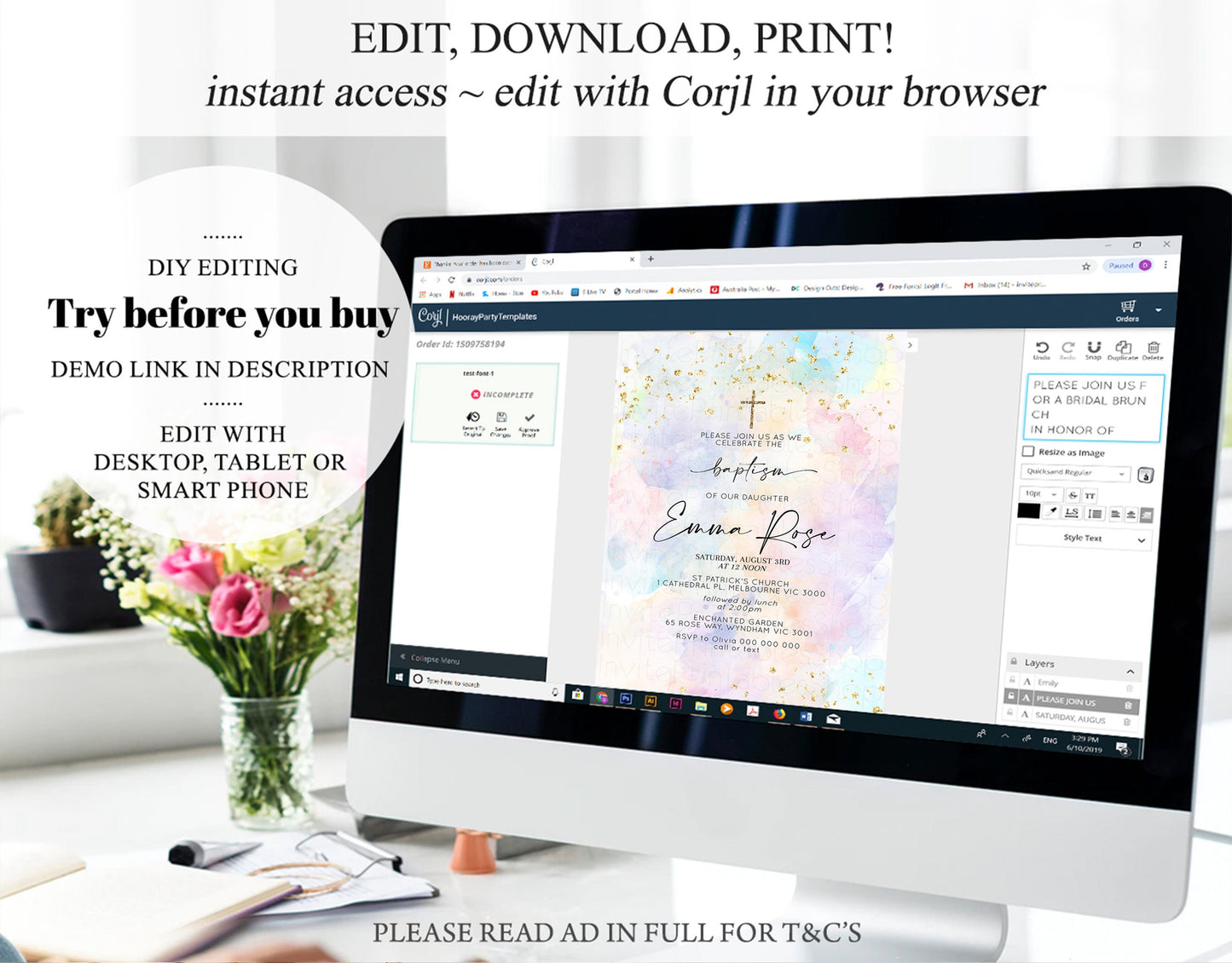 Pastel Baptism Invitation Rainbow Christening Invitation Holy Communion Invite Baptism 1st Birthday Sprinkles Ombre Watercolor Splash