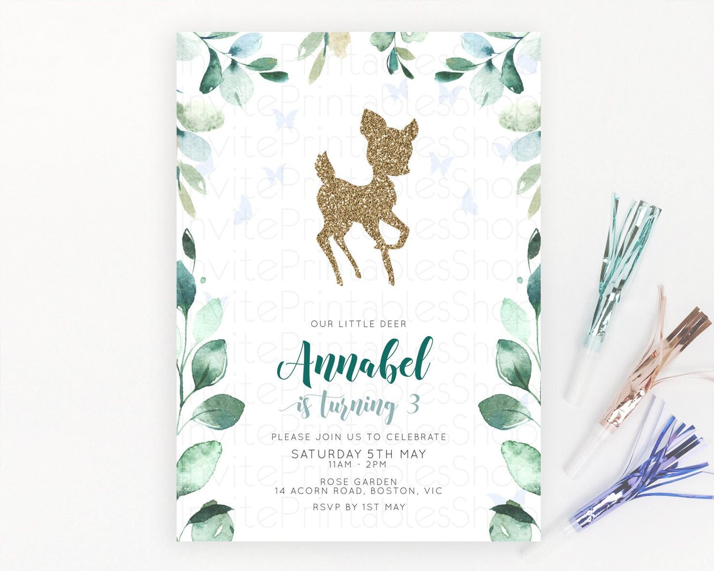 Fawn Birthday Invitation Deer Birthday Invitation Enchanted Forest Party Butterfly Pastel Flowers Whimsical 2nd 1st First Birthday D10882