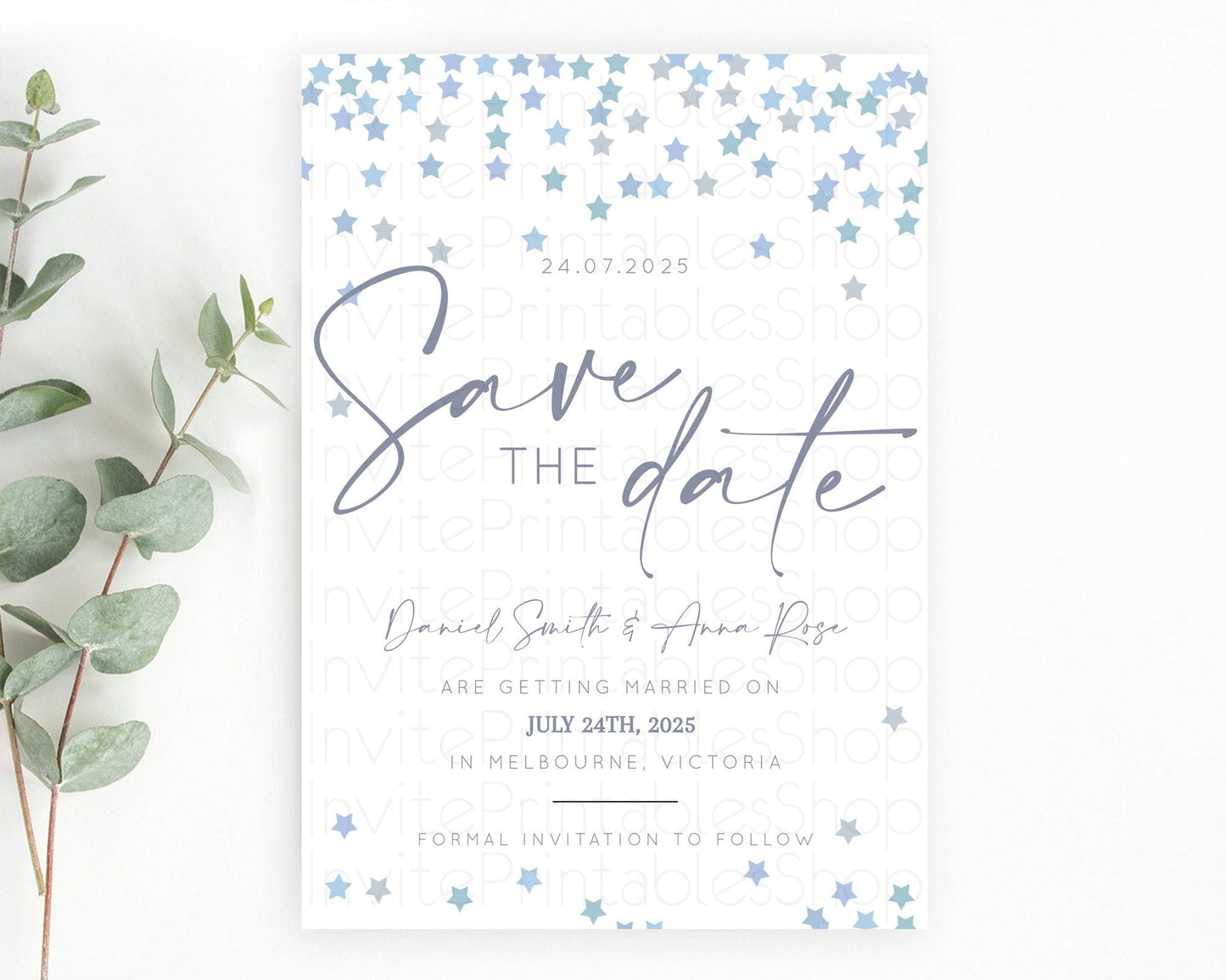 Twinkle Stars Save The Date Template Pastel Twinkle Little Star Party Shooting Star Confetti Sprinkles Birthday Baptism Baby Shower D10341