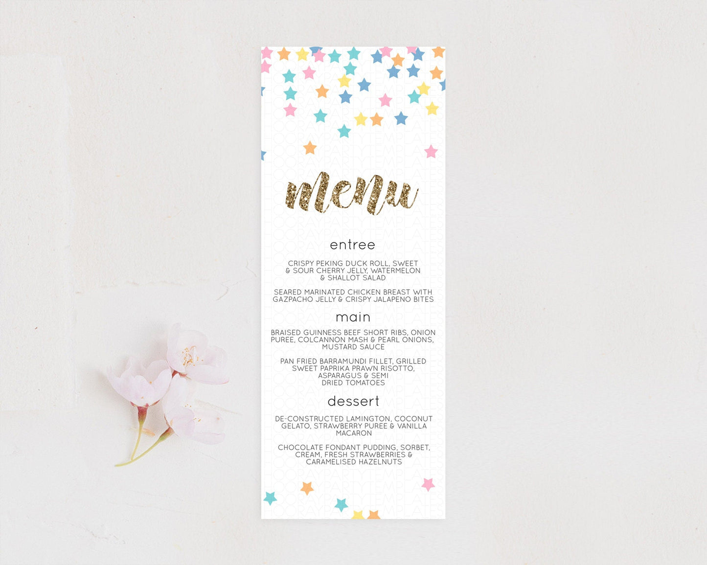 Star Menu Template Pastel Stars Menu Shooting Star Twinkle Little Star Decor Rainbow Colorful Confetti Dinner Dessert Food Menu D10298