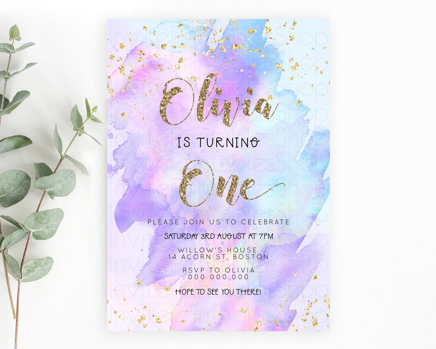 Rainbow Birthday Invitation Colorful Pastel Watercolor Invitation Gold Glitter Sprinkles Ombre Pastel 1st 2nd 3rd Birthday D23296